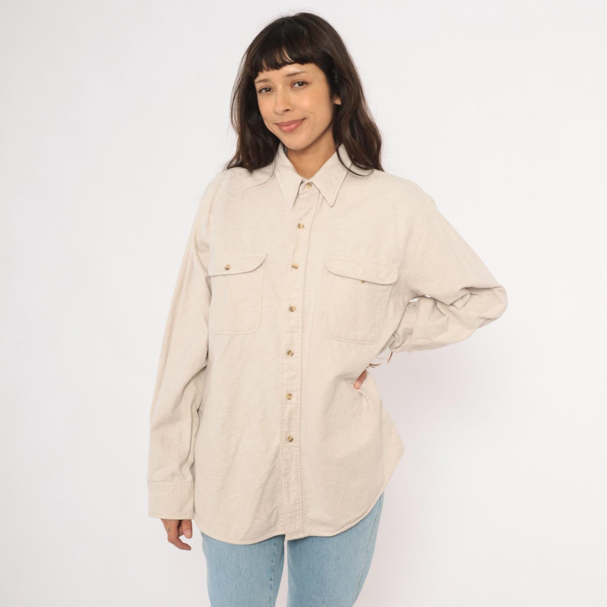90s Appalachian Trail Flannel Button-Up Shirt Cream Cotton Unisex Extra Large XL