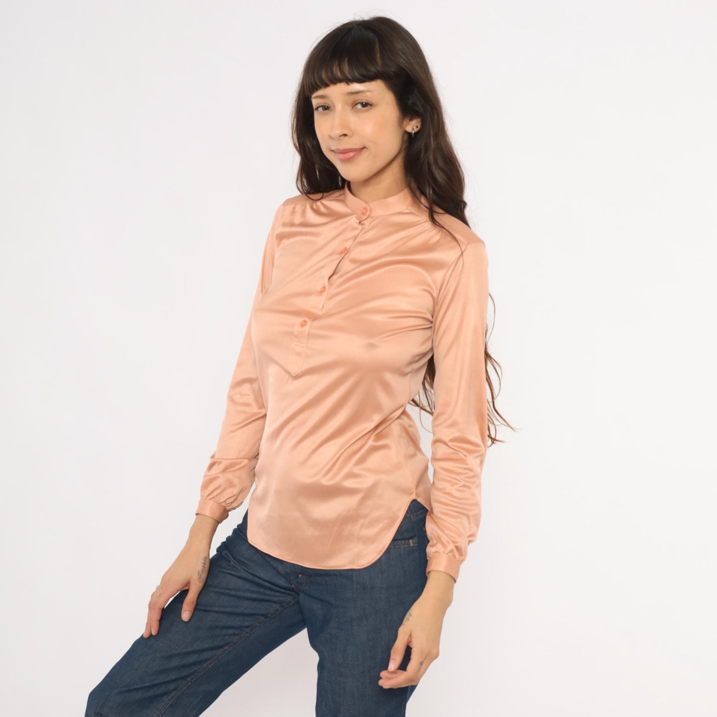 70s Spices Blush Pink Satin Blouse Mandarin Collar Long Sleeve Medium M