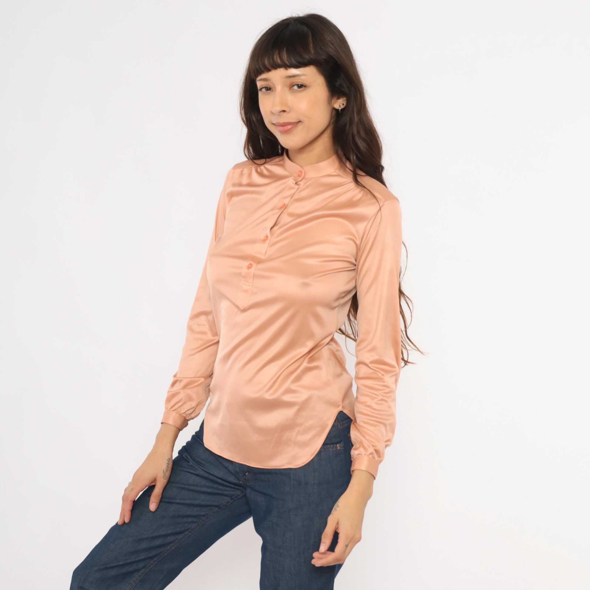 70s Spices Blush Pink Satin Blouse Mandarin Collar Long Sleeve Medium M