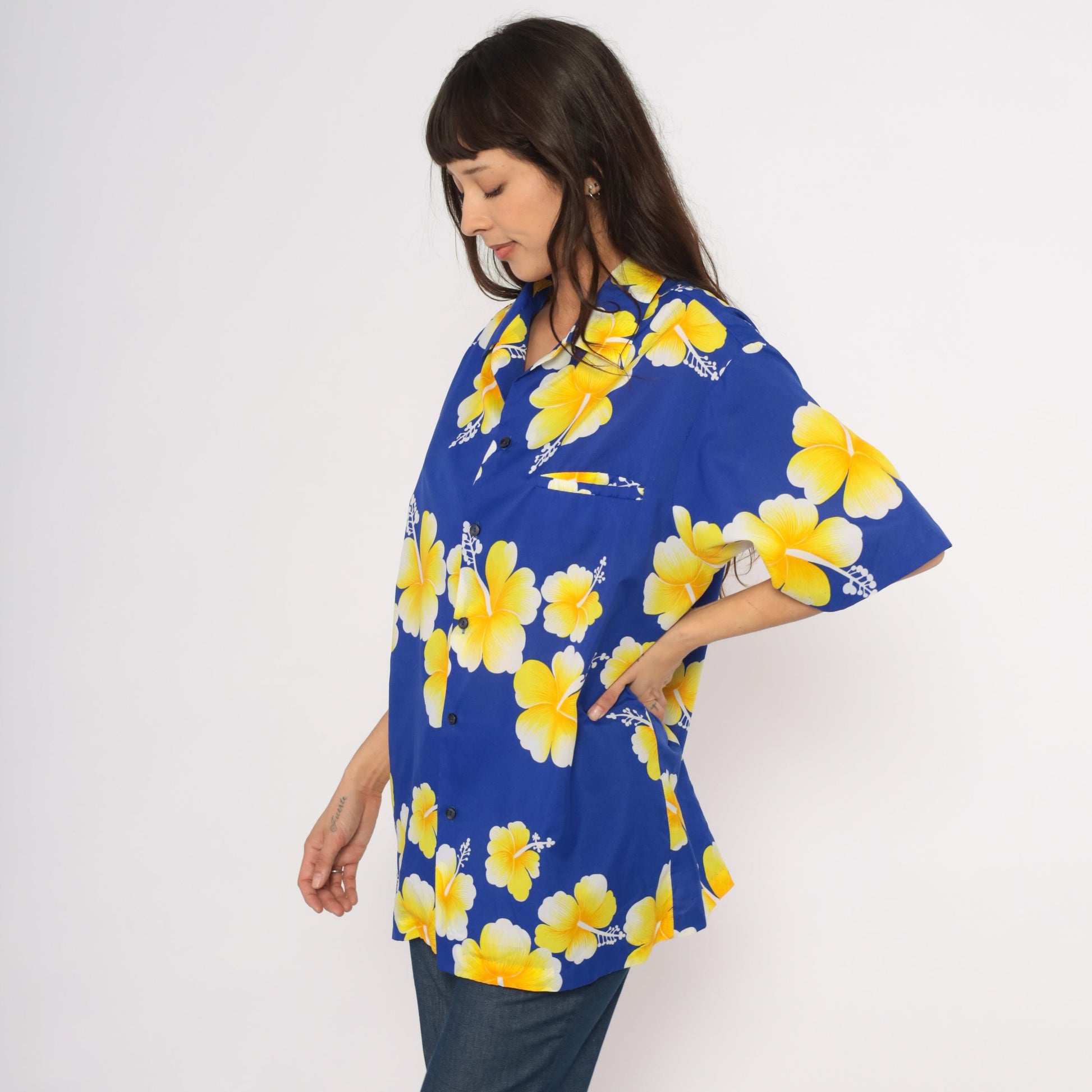 90s Hilo Hatties Hawaiian Hibiscus Shirt Cobalt Blue Yellow Camp Collar Extra Large XL