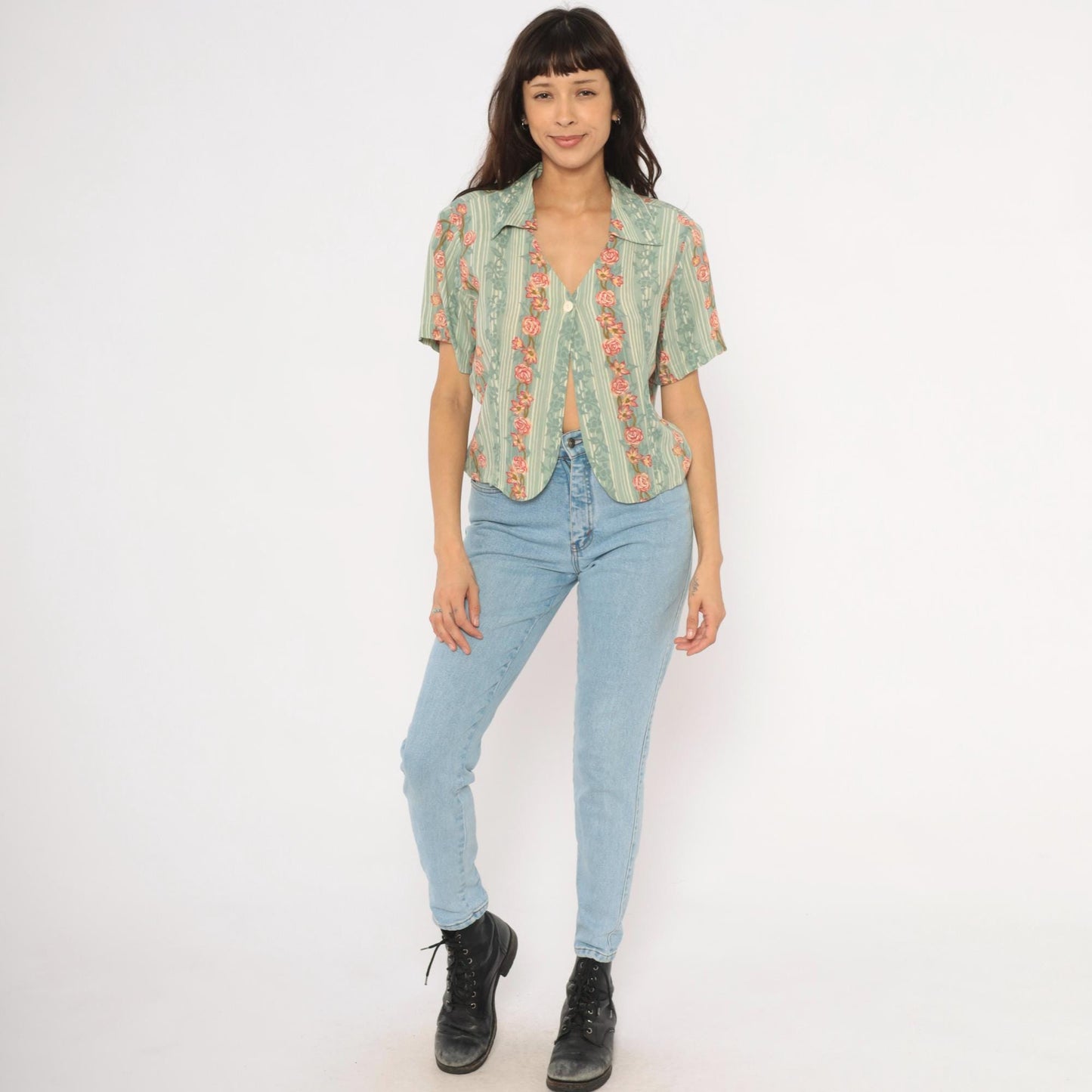 90s ICI Sage Green Striped Rose Vine Blouse V Neck Crop Top Large L