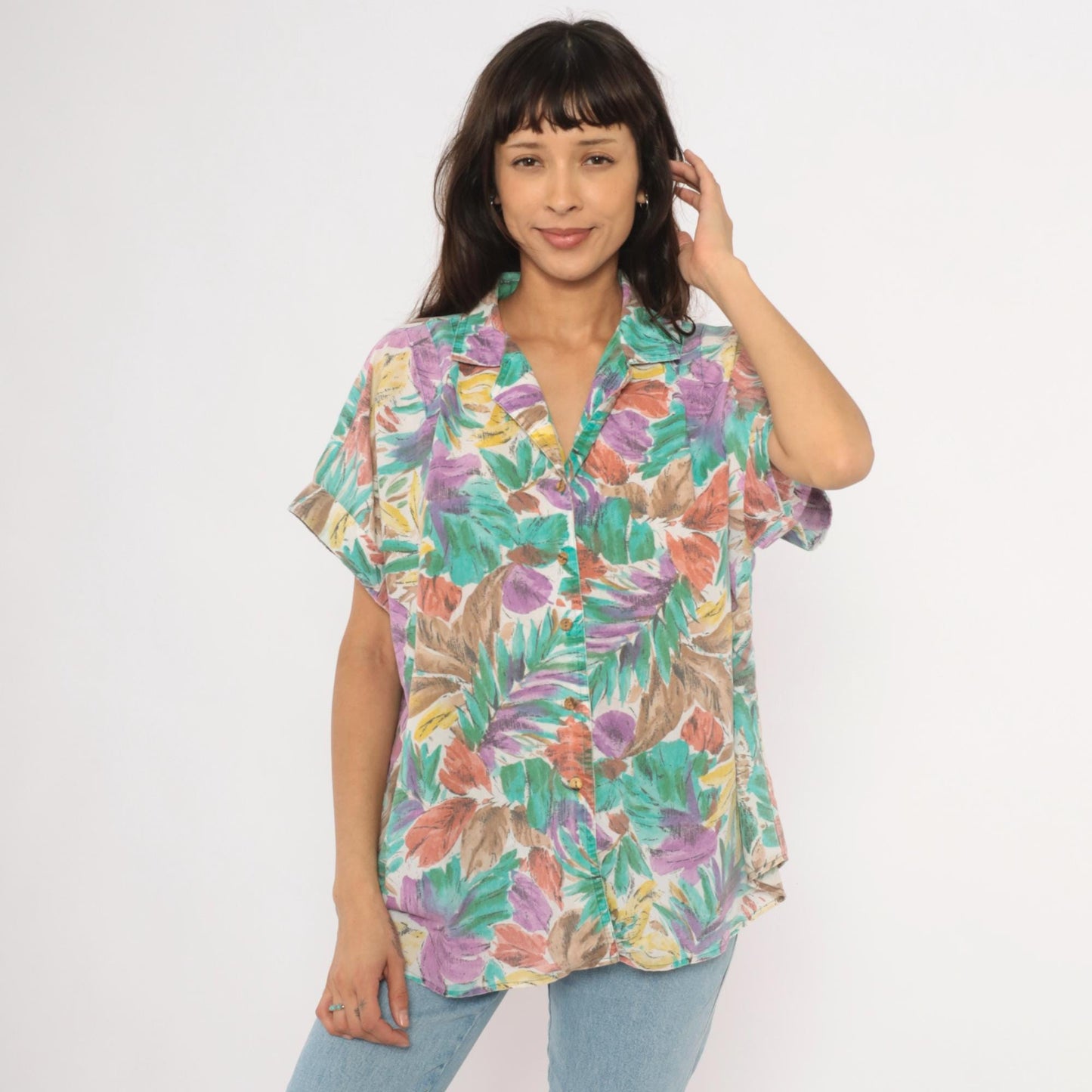 90s Cabrais Tropical Leaf Print Camp Collar Shirt Teal Purple Coral Plus Size XXL