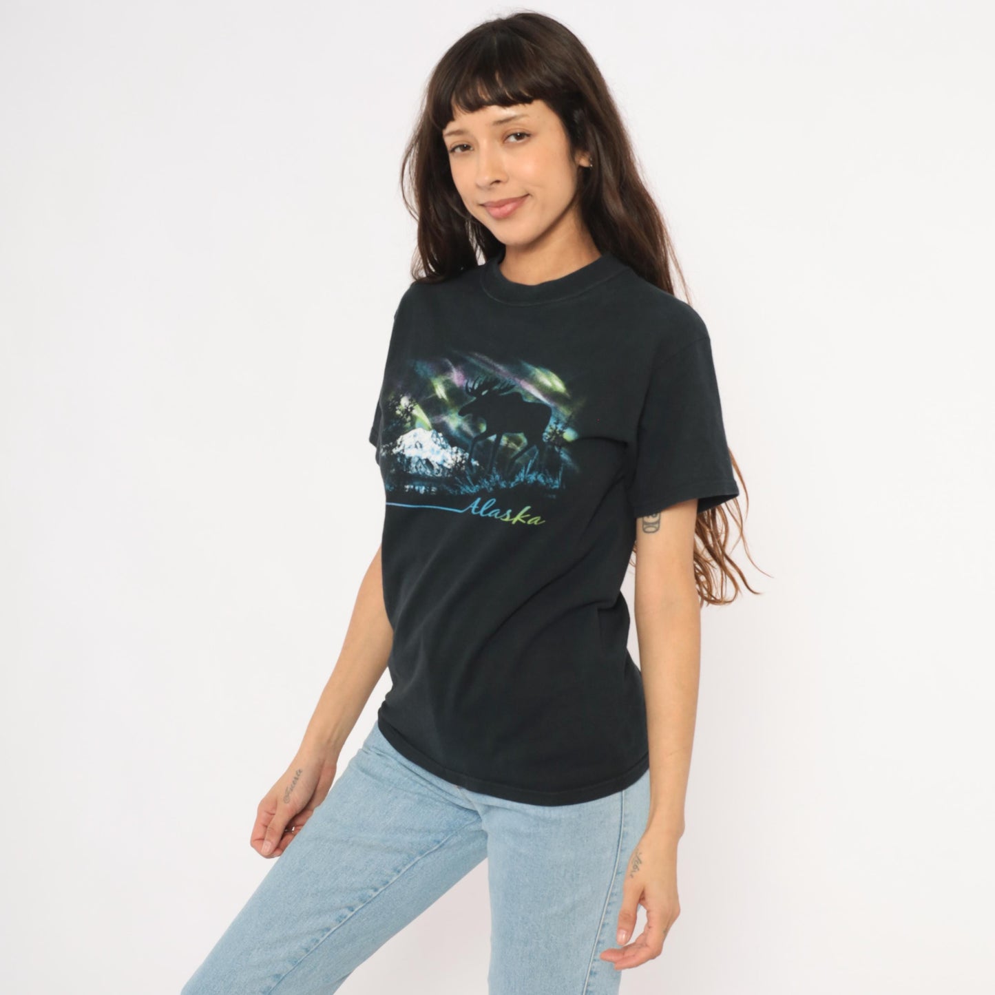 Y2K Alaska Moose Aurora Borealis Graphic Tee Black Cotton Small S