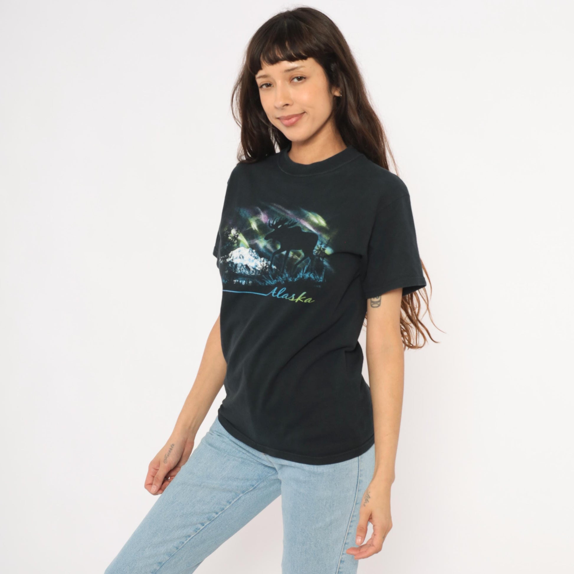 Y2K Alaska Moose Aurora Borealis Graphic Tee Black Cotton Small S