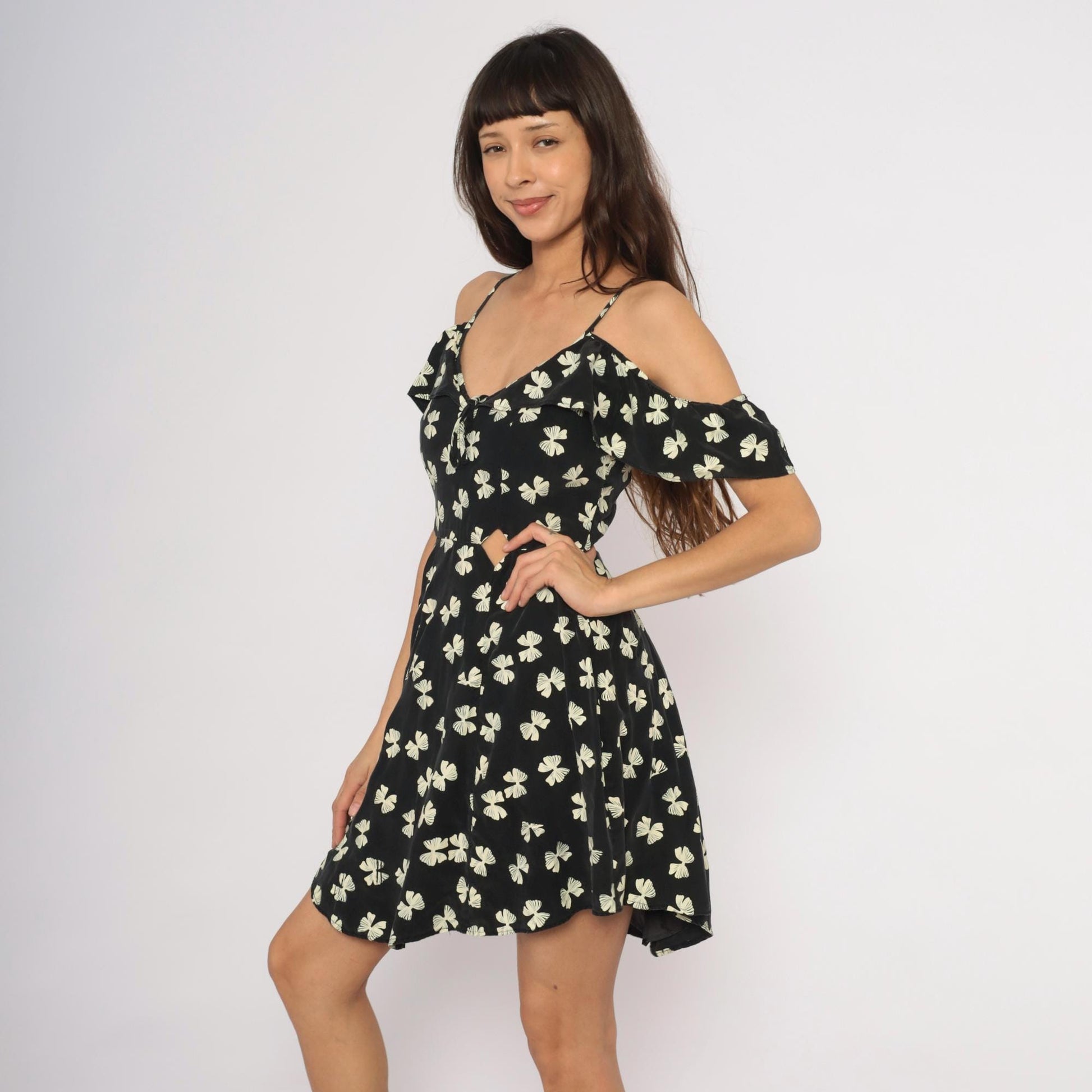 Y2K Black Cream Bow Print Mini Dress Cold Shoulder Cutout Small S