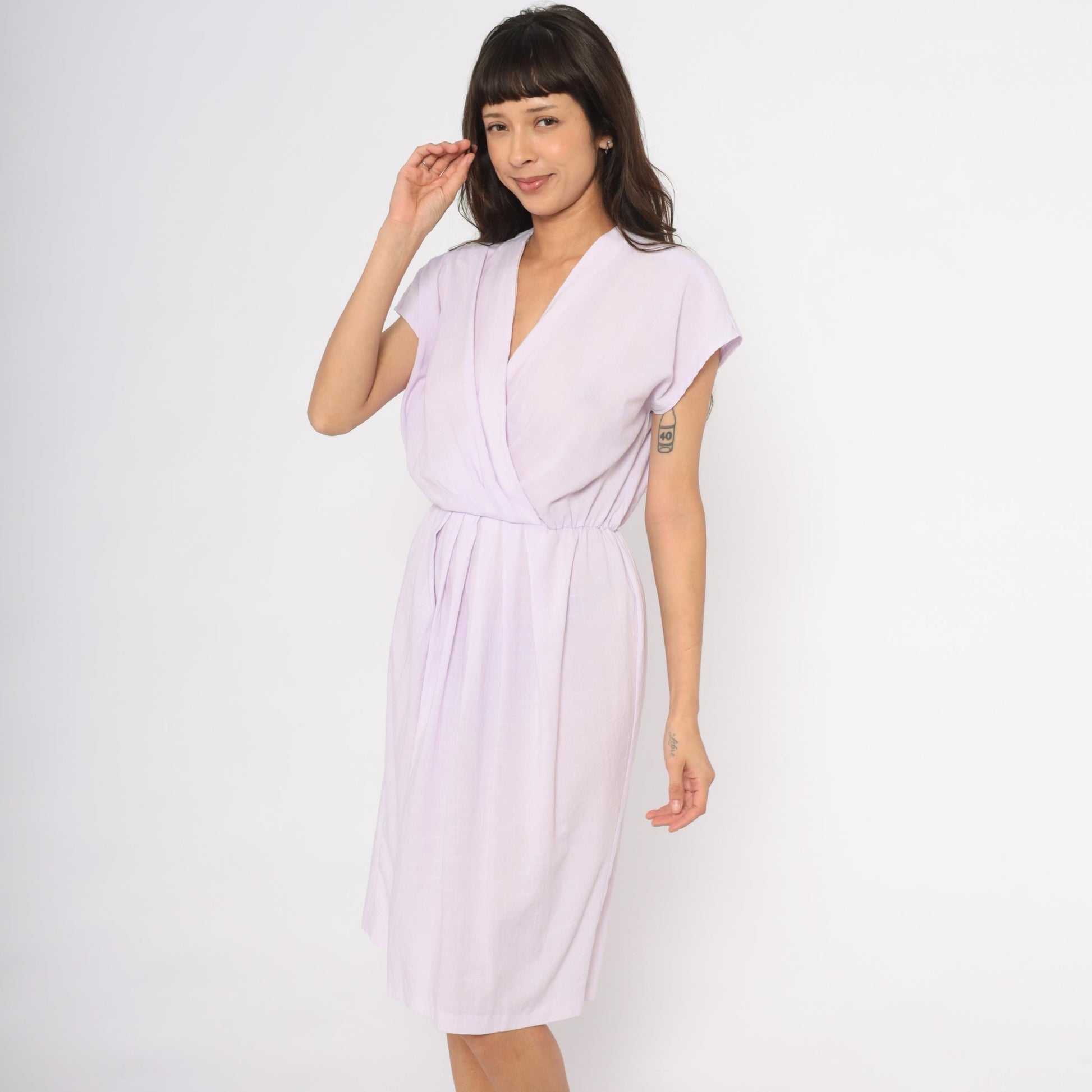 90s Carriage Court Lilac Wrap Dress Cap Sleeve Knee-Length Medium M