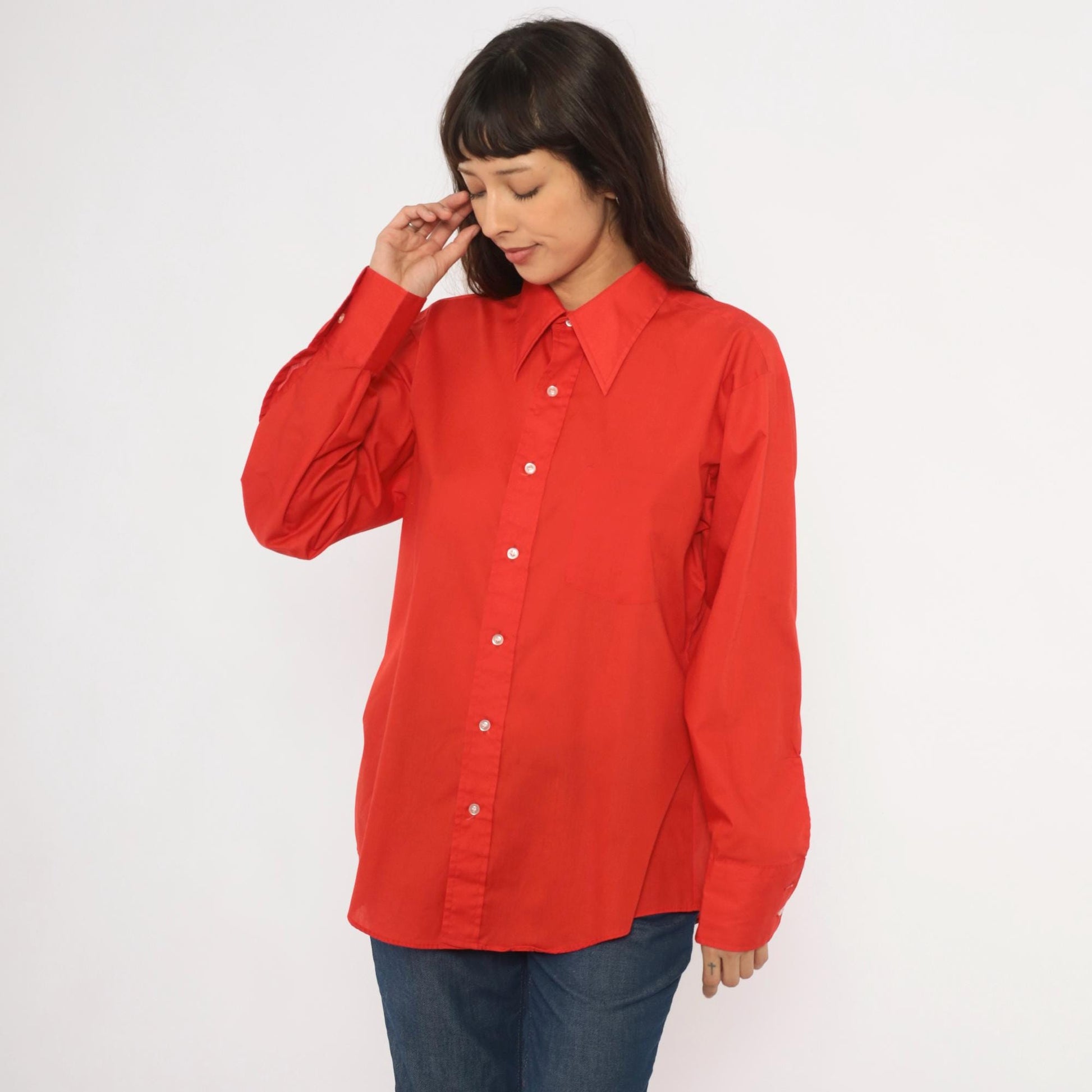 70s Golden Vee Red Button-Up Shirt Pointed Collar Long Sleeve Medium