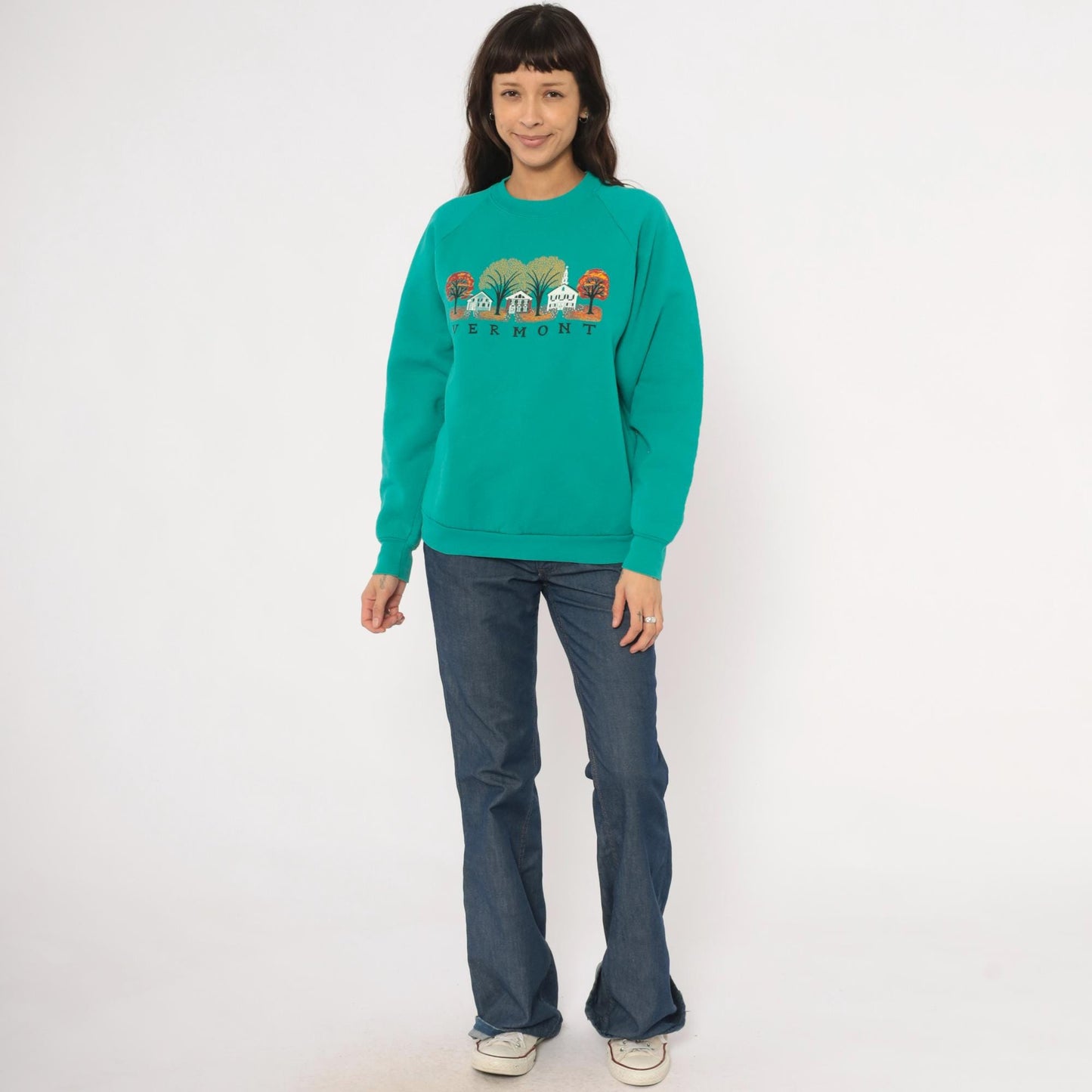 90s Vermont Autumn Village Teal Crewneck Sweatshirt Cotton Graphic Large L