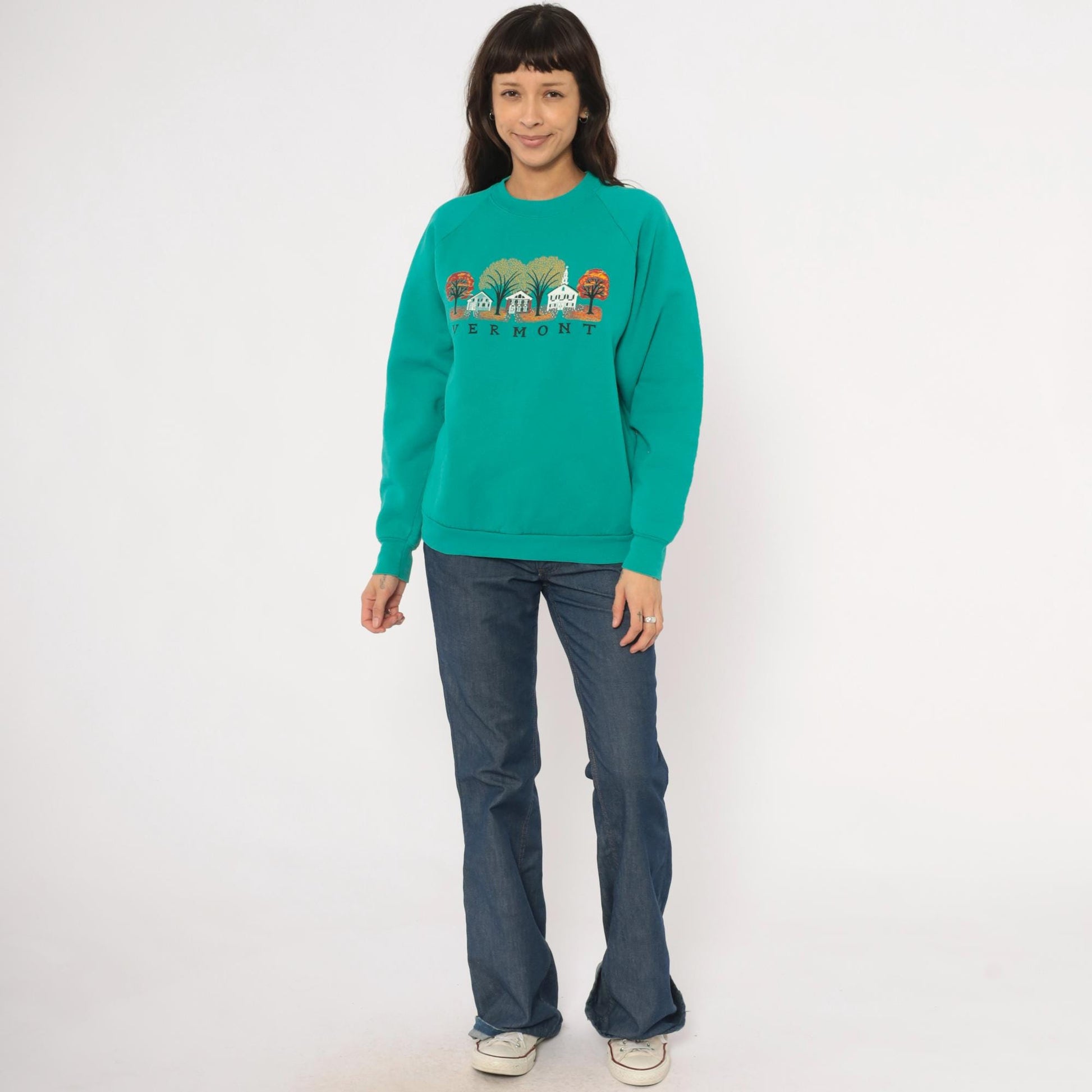 90s Vermont Autumn Village Teal Crewneck Sweatshirt Cotton Graphic Large L