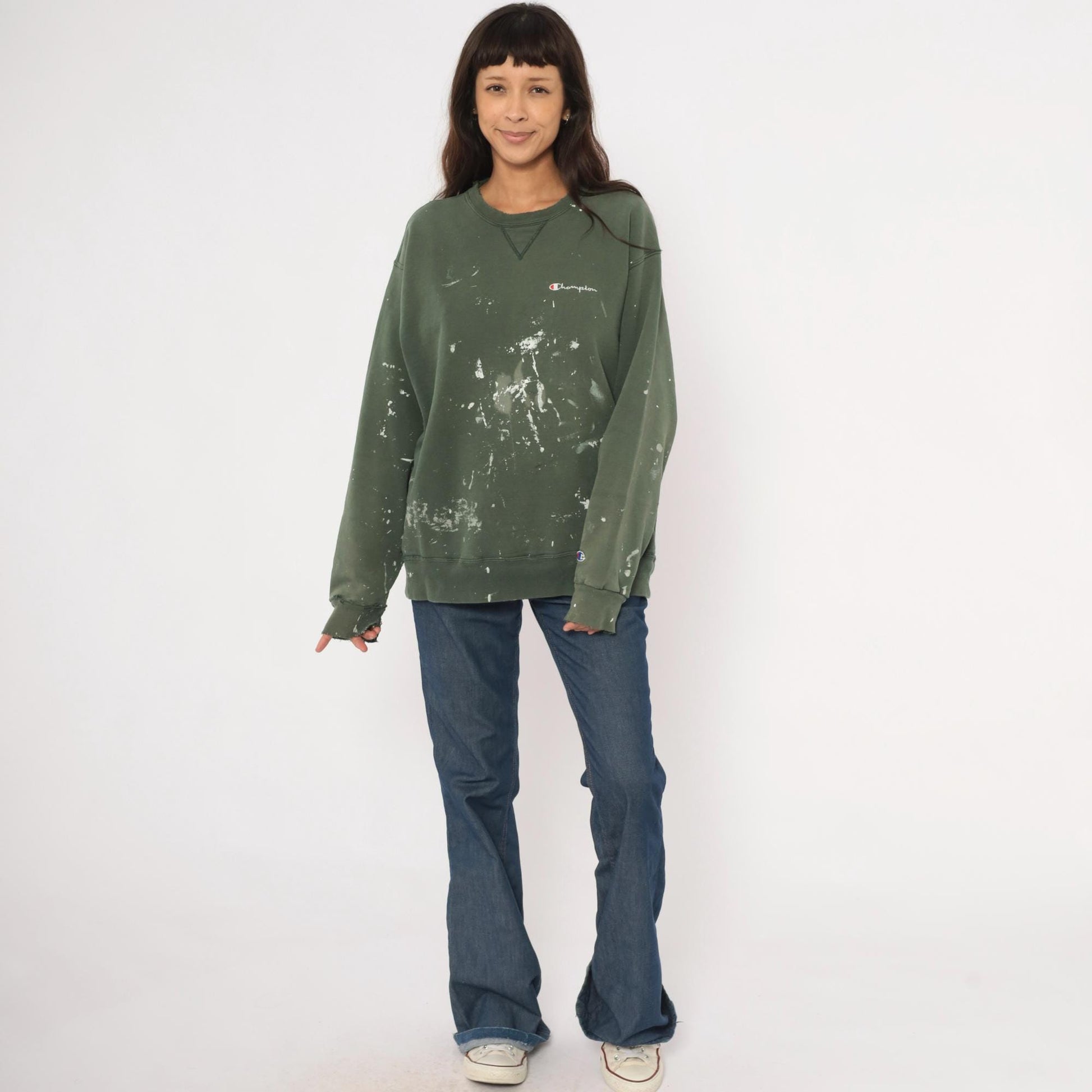 Champion Olive Green Crewneck Sweatshirt Paint Splatter 2000s Extra Large XL