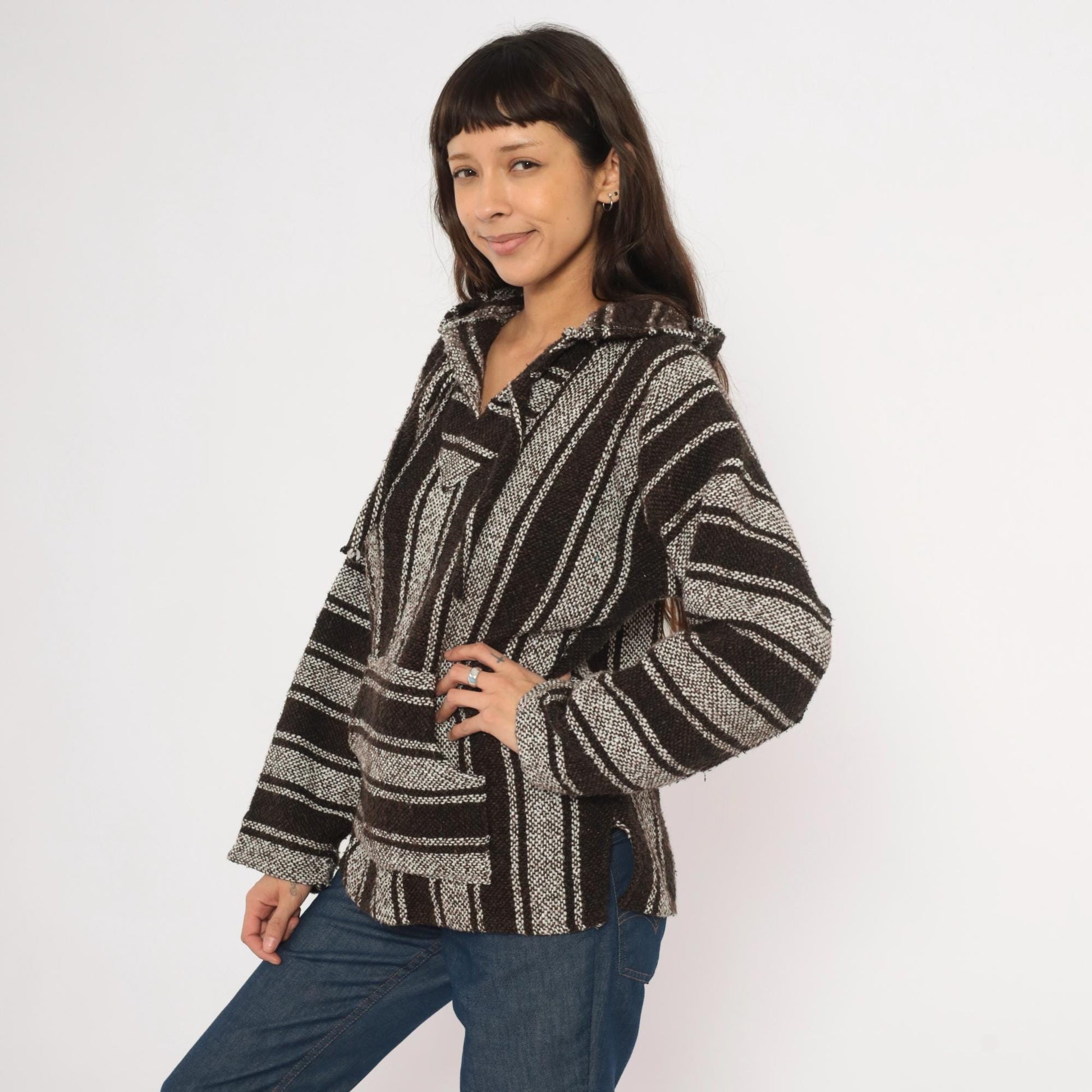 90s Sandy Baja Hoodie Brown White Striped Woven Pullover Medium