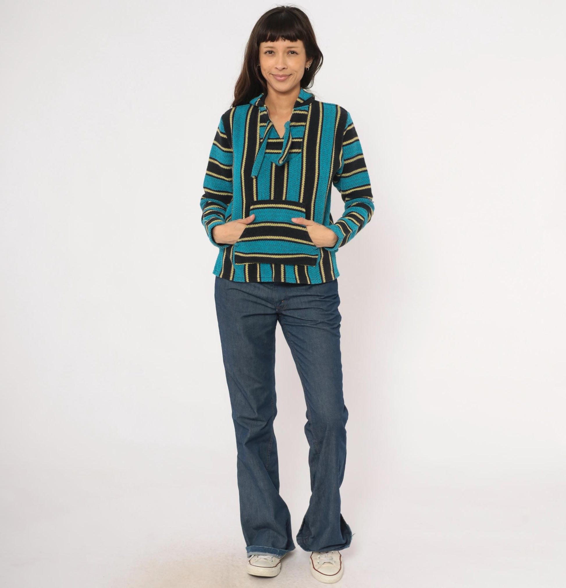 2000s Señor Lopez Baja Hoodie Teal Black Gold Striped Pullover Extra Small XS