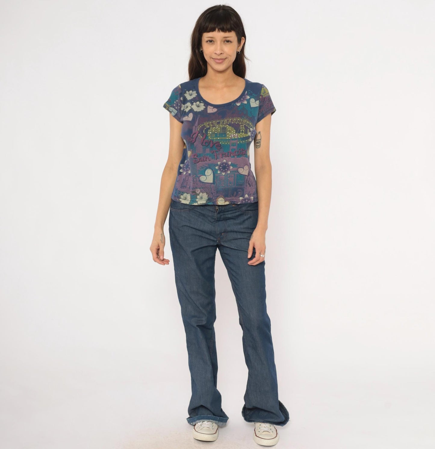 Y2K San Francisco Graphic Tee Vintage Suzie Floral Heart Studded Navy Purple Petite Medium