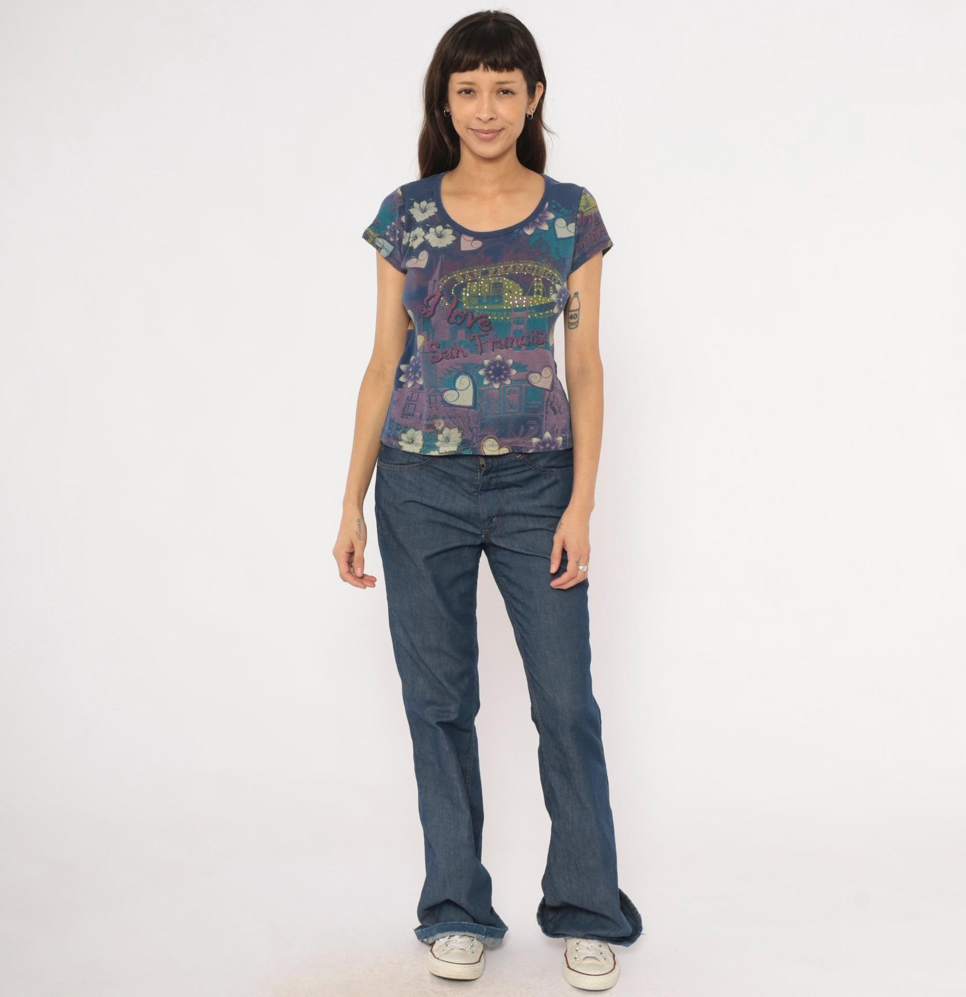 Y2K San Francisco Graphic Tee Vintage Suzie Floral Heart Studded Navy Purple Petite Medium