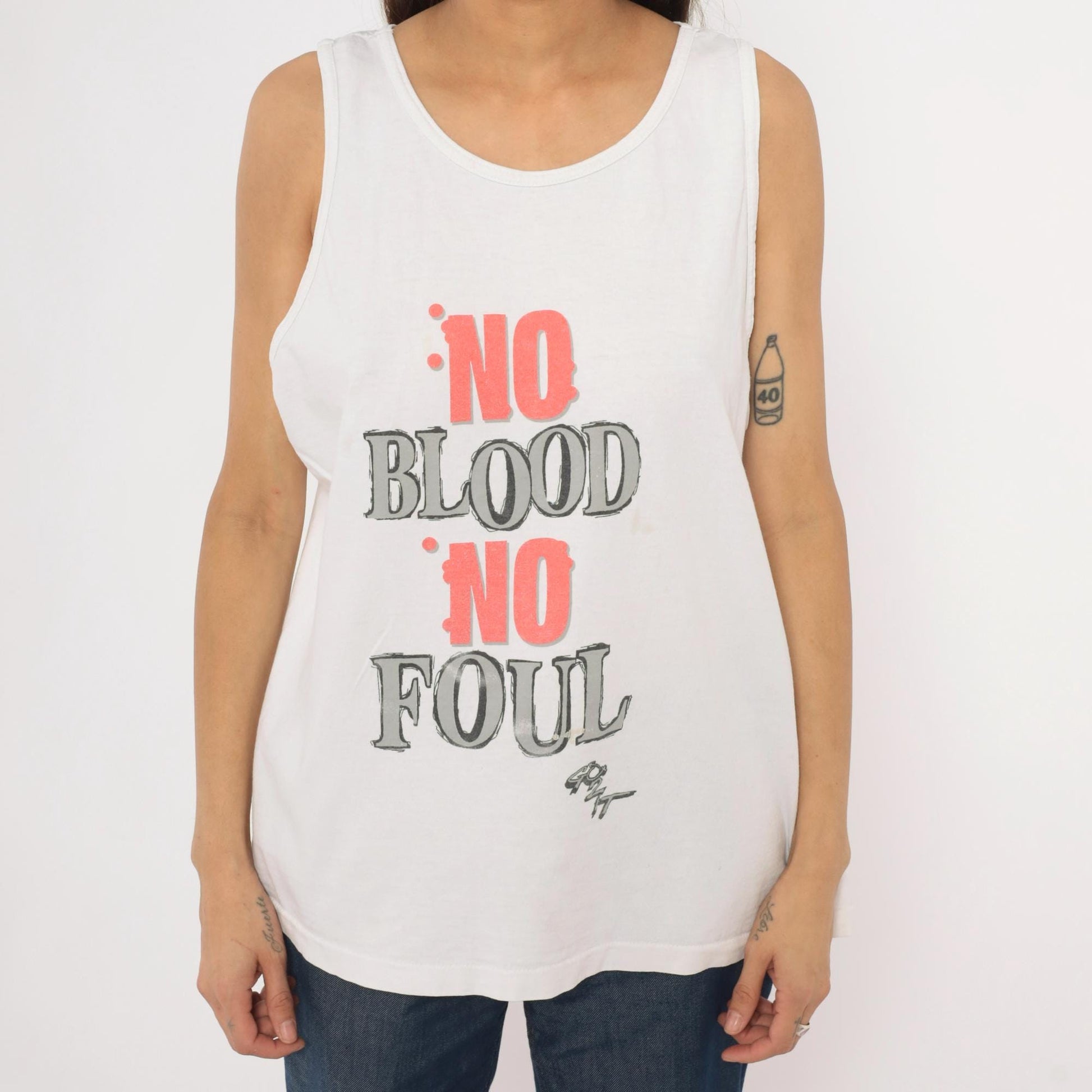 90s TNT No Blood No Foul Basketball Graphic Tank Top White Cotton Large L