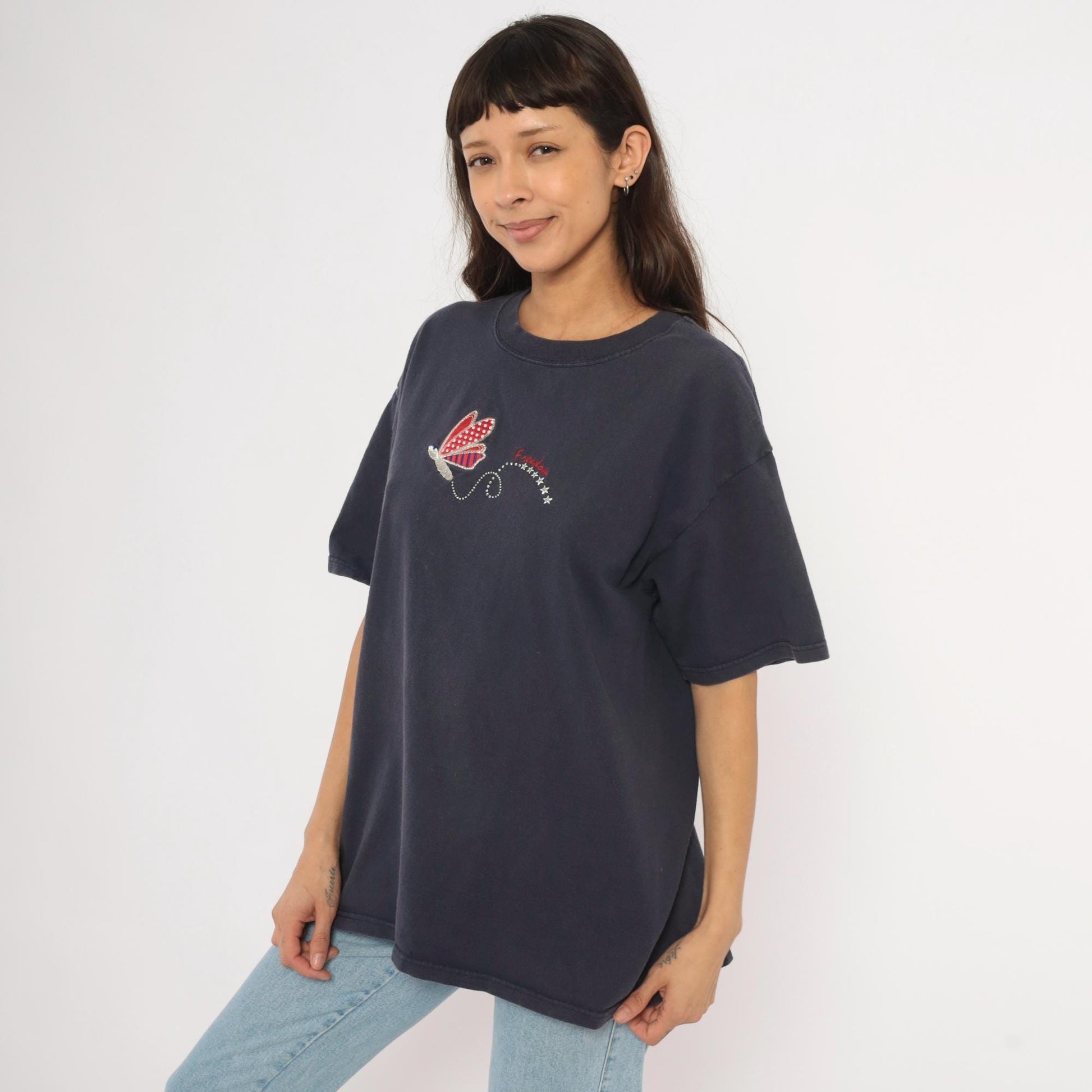 90s Mc Squared Energy Butterfly Embroidered Tee Navy Cotton Americana Stars Extra Large XXL