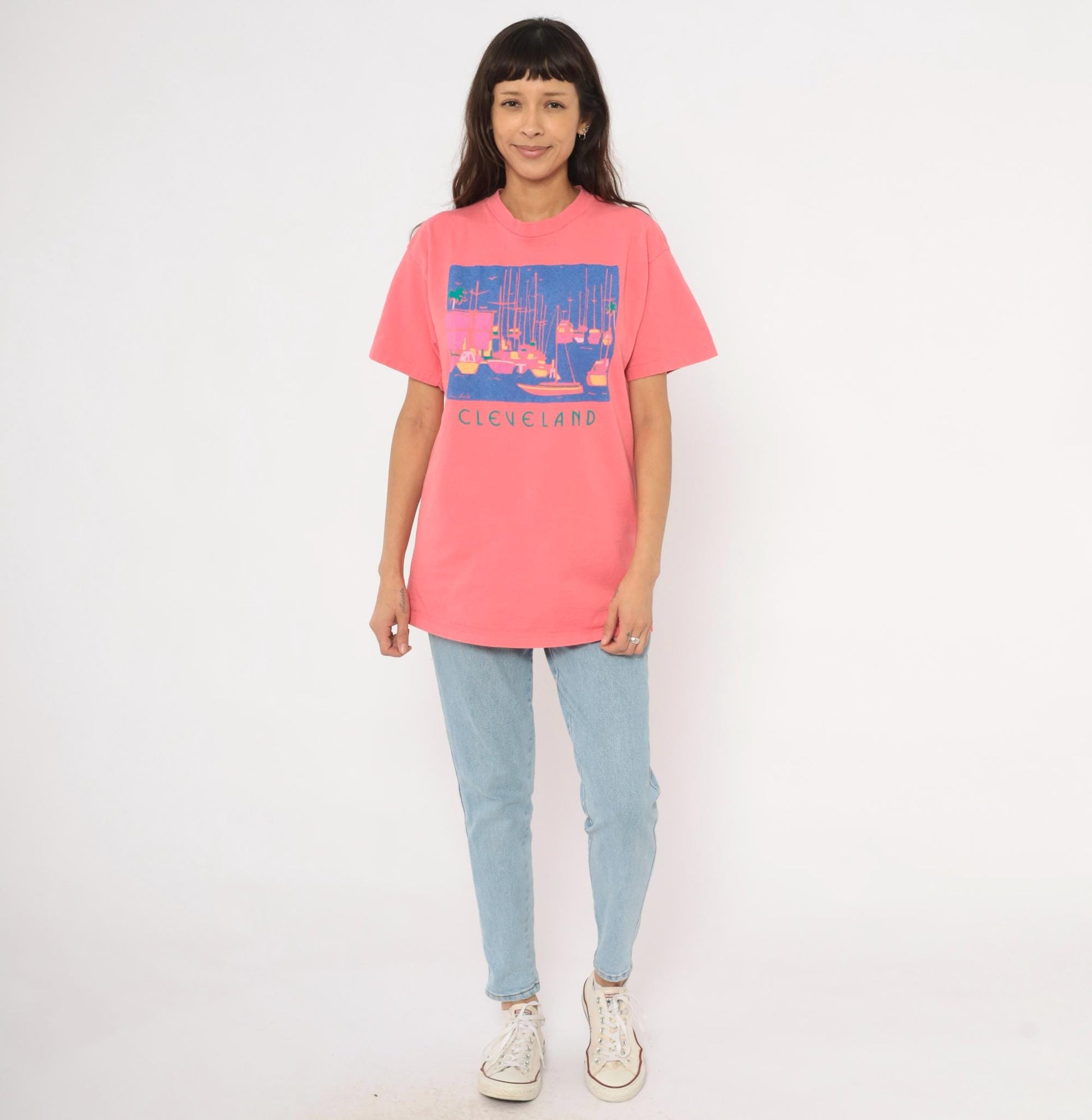 90s Eyecatcher Sportswear Cleveland Marina Tee Coral Pink Sailboat Graphic Extra Large XL