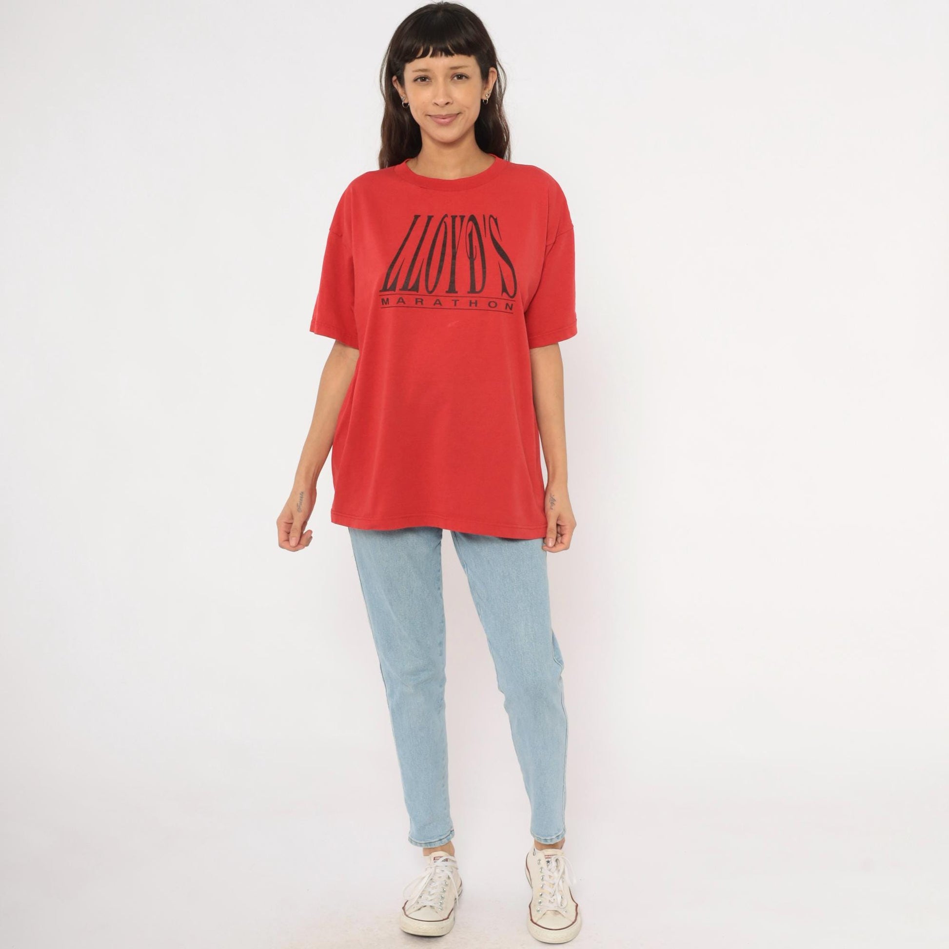 90s Lloyd's Marathon Tee Fruit of the Loom Red Graphic Coach Crewneck Extra Large XL