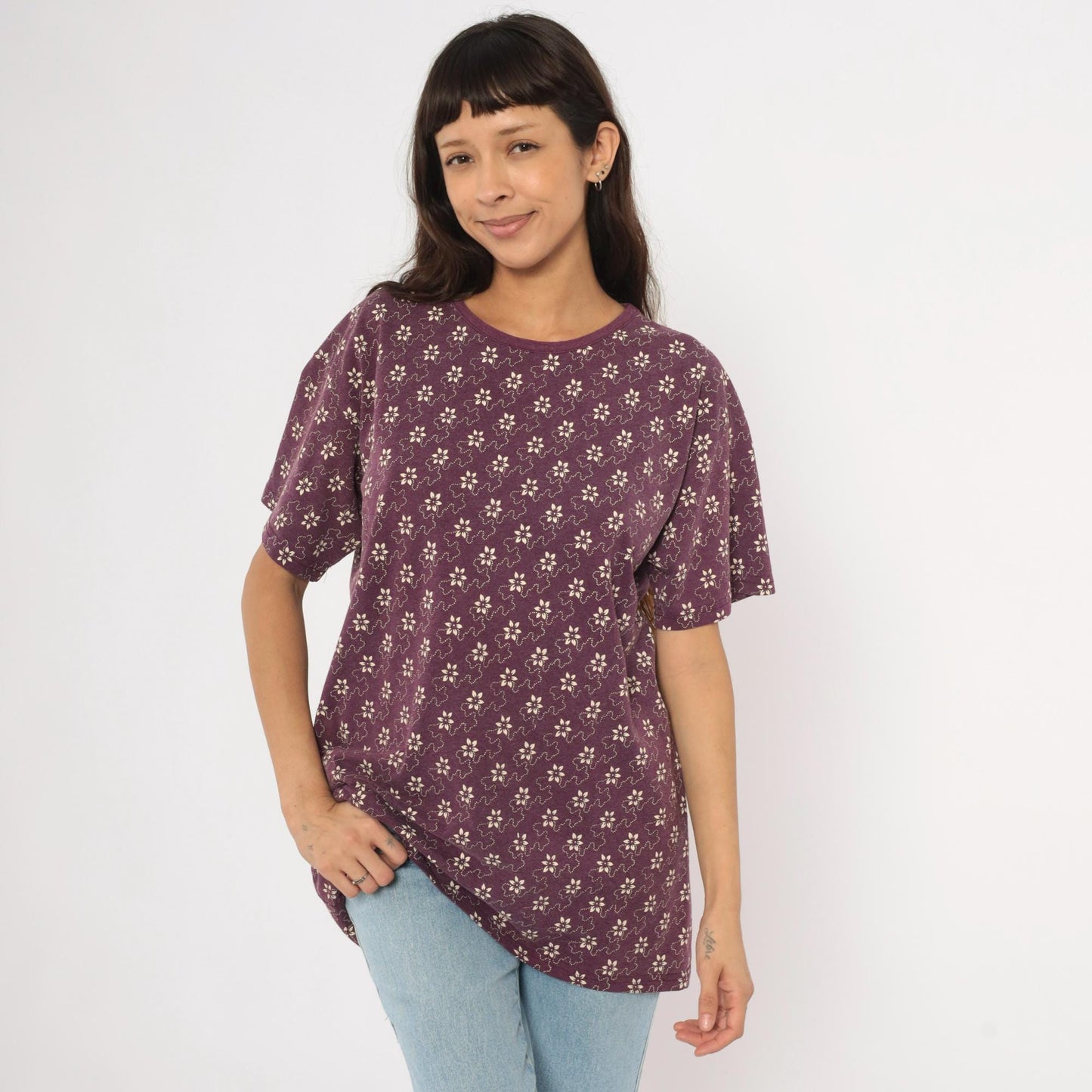 90s Kavio Designs Floral Tee Plum Ditsy Print Cotton Tunic Large L