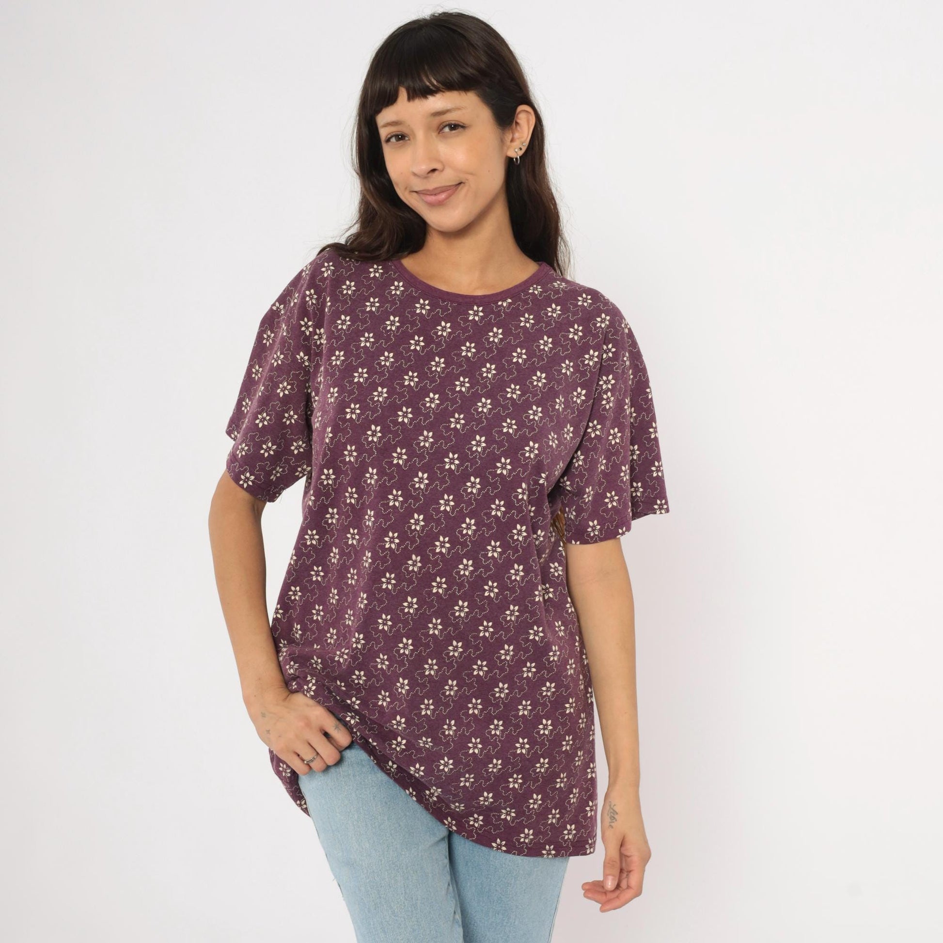 90s Kavio Designs Floral Tee Plum Ditsy Print Cotton Tunic Large L