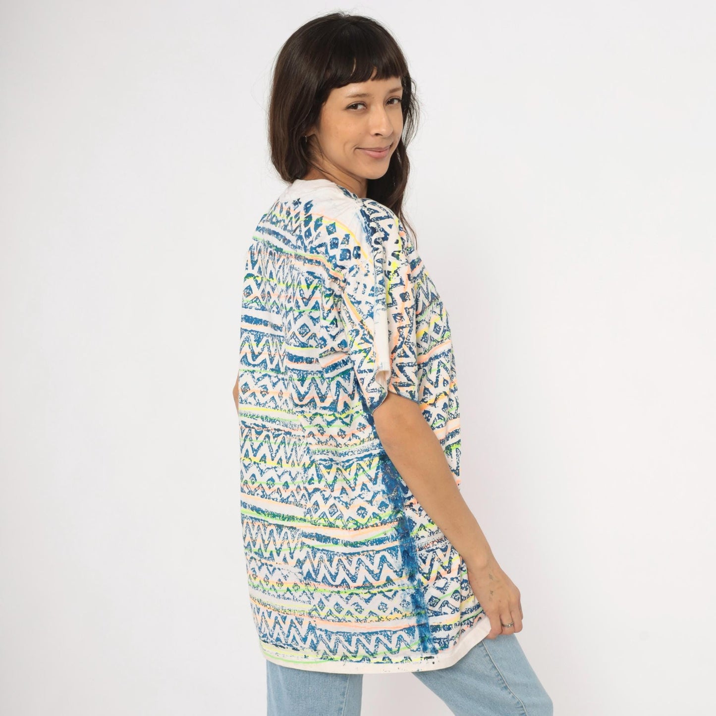 90s Sasson Tribal Print T-Shirt Neon Geometric White Navy Cotton Extra Large XL