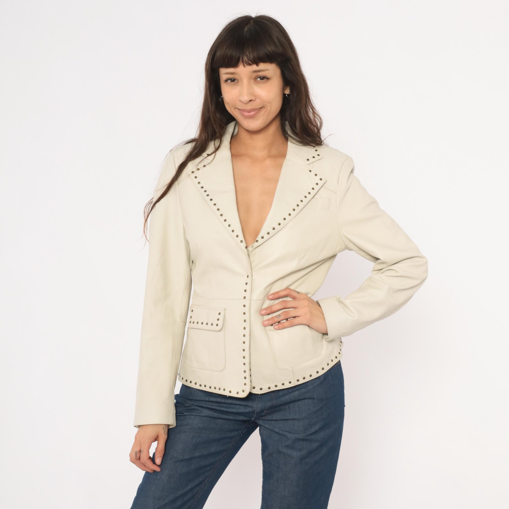 2000s Uniform John Paul Richard Studded Lamb Leather Blazer Cream Medium M