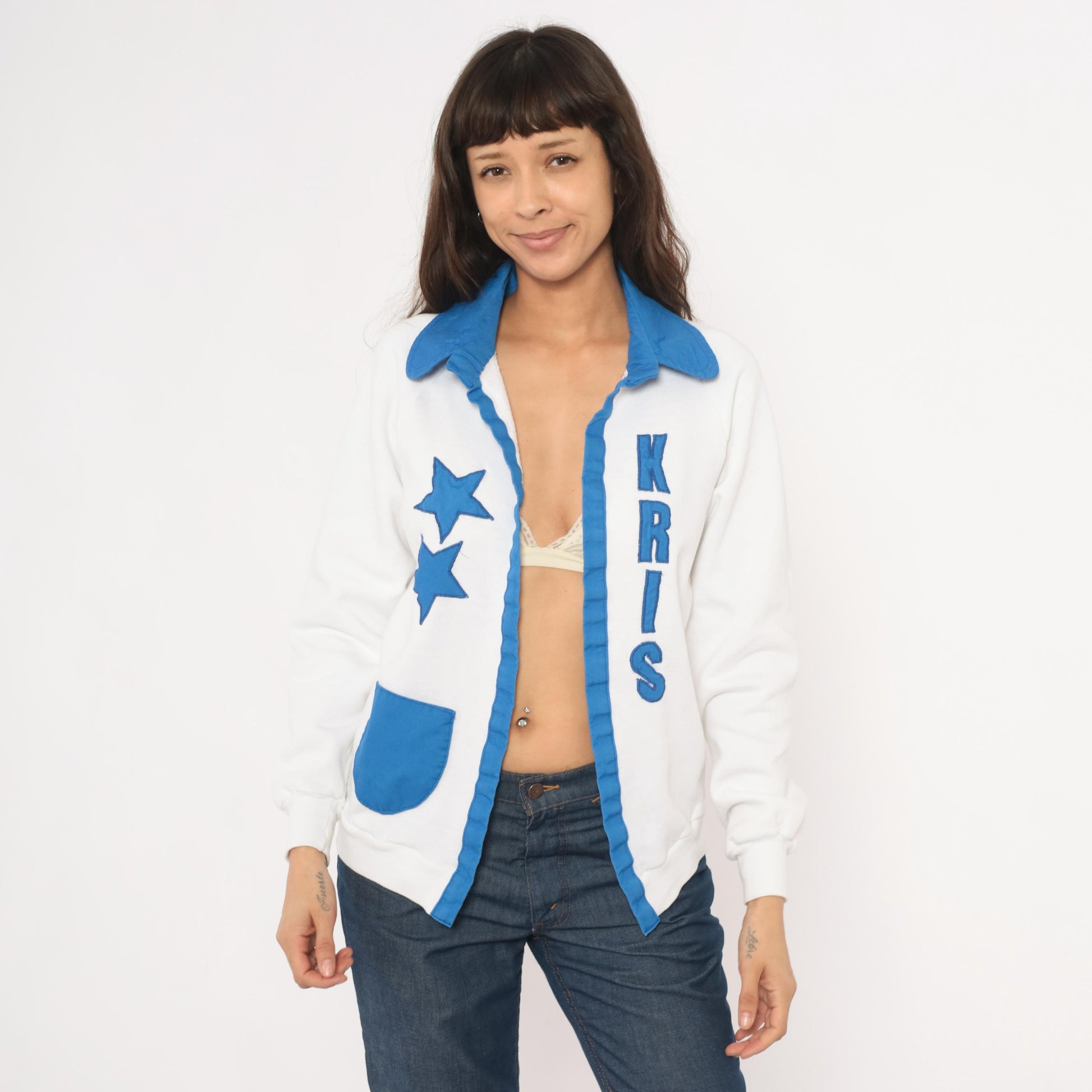 90s Jerzees Royal Dance Star Patch Sweatshirt Jacket White Blue Collared Medium M