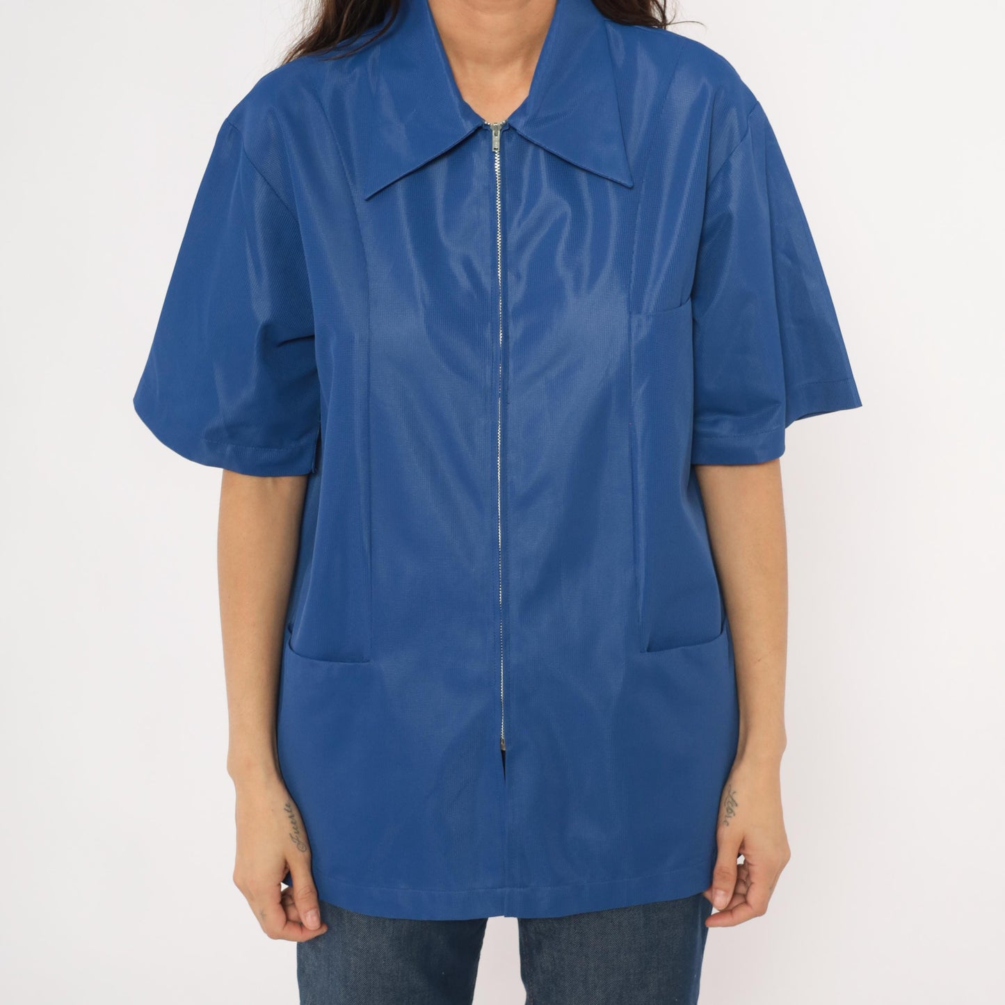 70s Sears Professional Apparel Cobalt Zip Jacket Short Sleeve Tunic Large