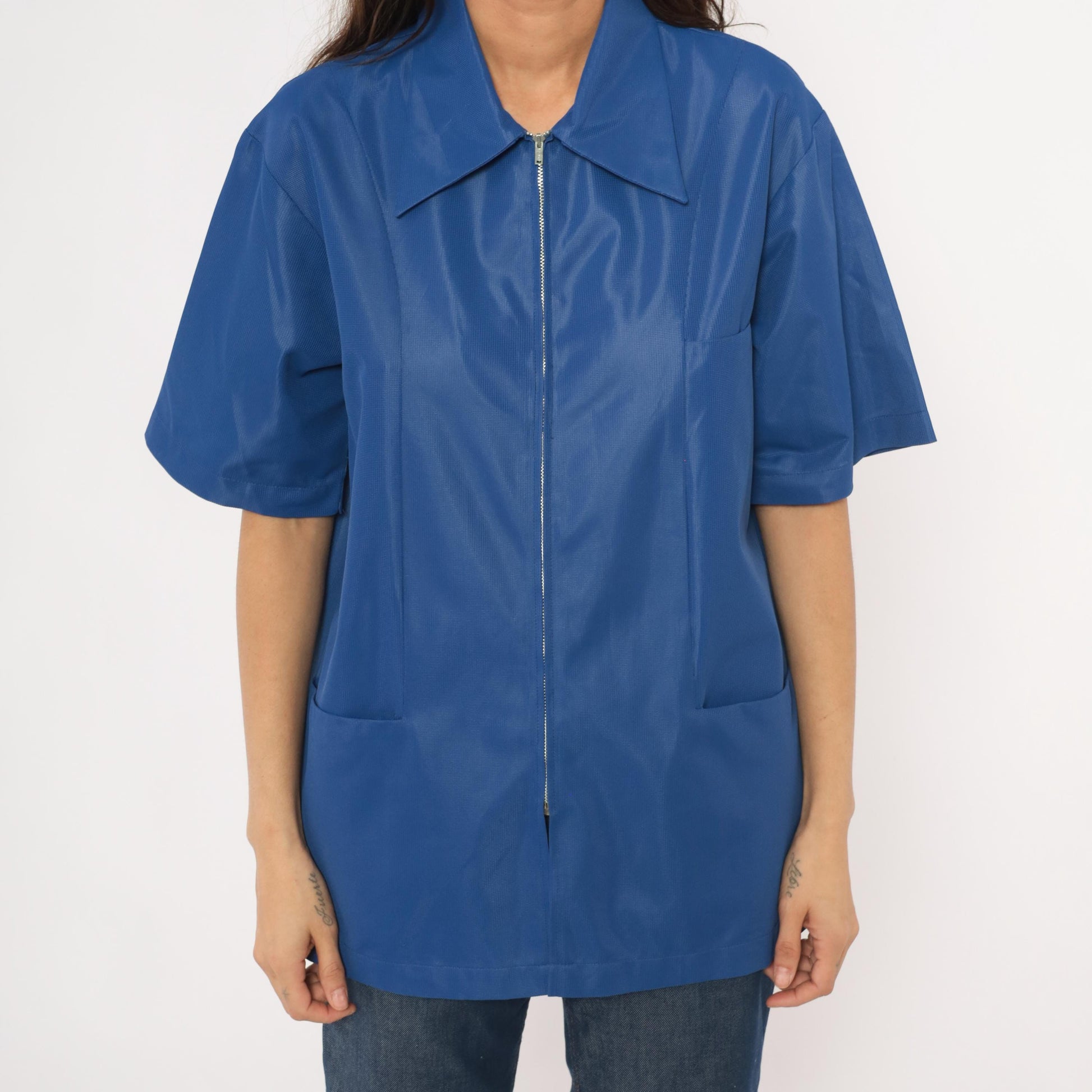 70s Sears Professional Apparel Cobalt Zip Jacket Short Sleeve Tunic Large