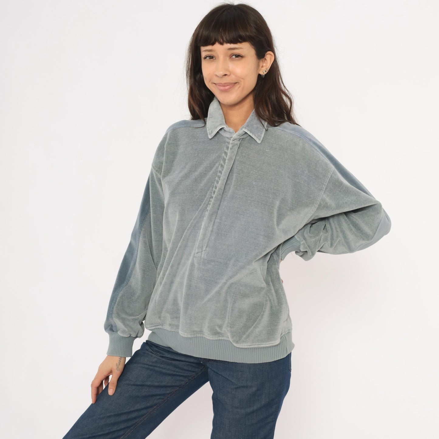 80s Damon Velour Polo Sweatshirt Grey-Blue Collared Pullover Medium M