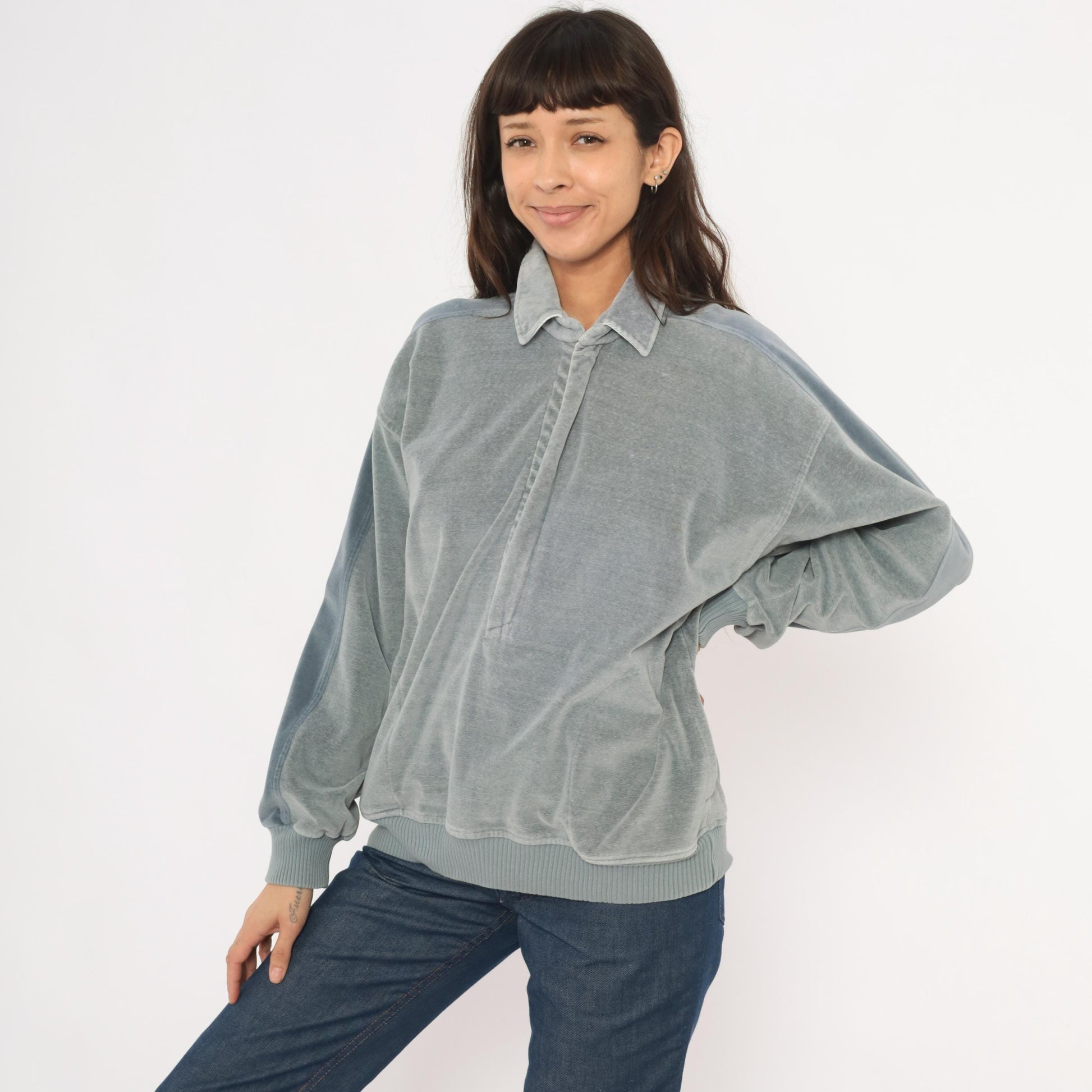 80s Damon Velour Polo Sweatshirt Grey-Blue Collared Pullover Medium M