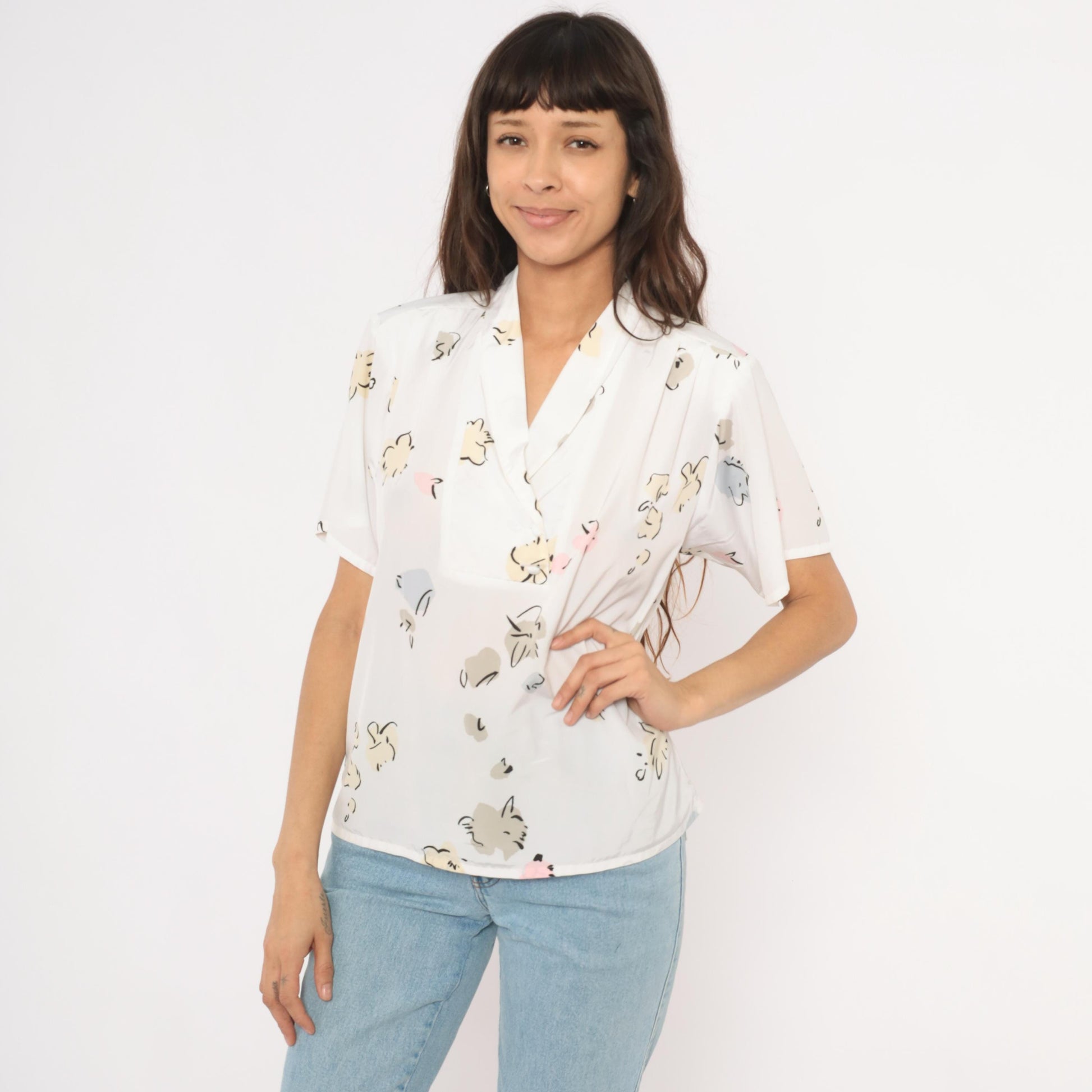 90s Liz Baker Abstract Floral Blouse Cream Shawl Collar V Neck Medium