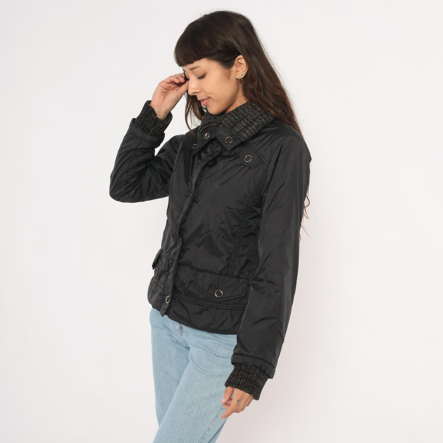Y2K Dollhouse Black Bomber Jacket Snap Front Knit Collar Cropped Medium M