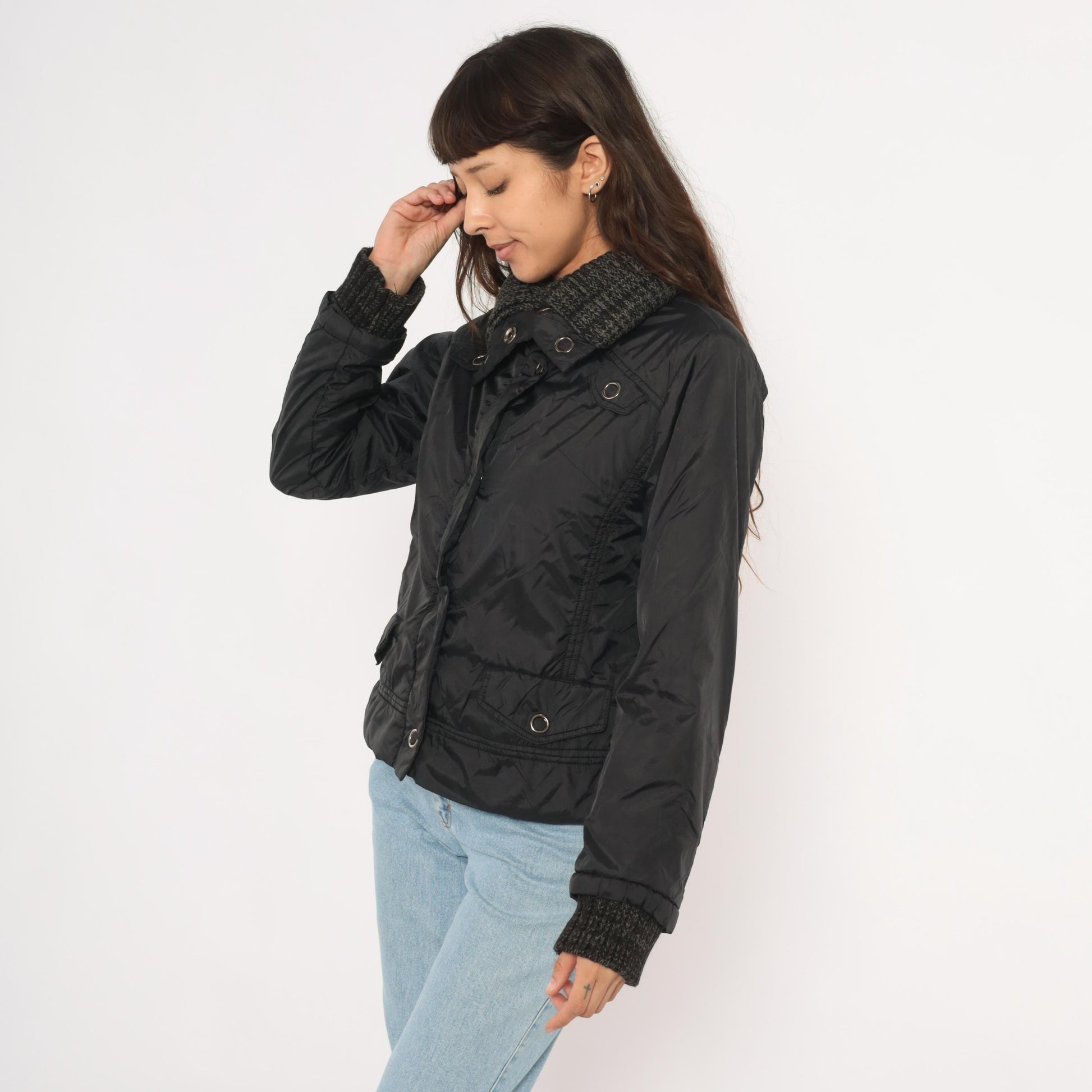 Y2K Dollhouse Black Bomber Jacket Snap Front Knit Collar Cropped Medium M