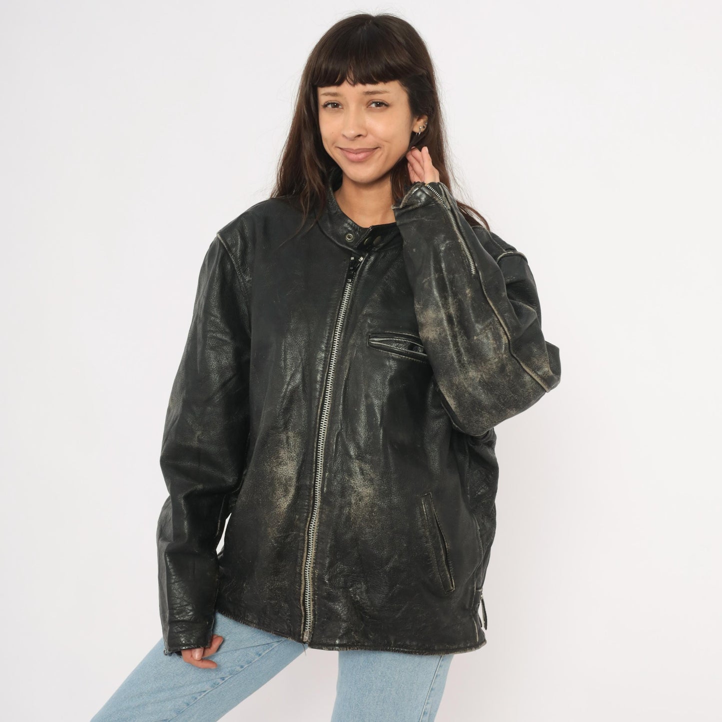 90s Unik Leather Cafe Racer Jacket Black Moto Coat Heavy Weight Extra Large