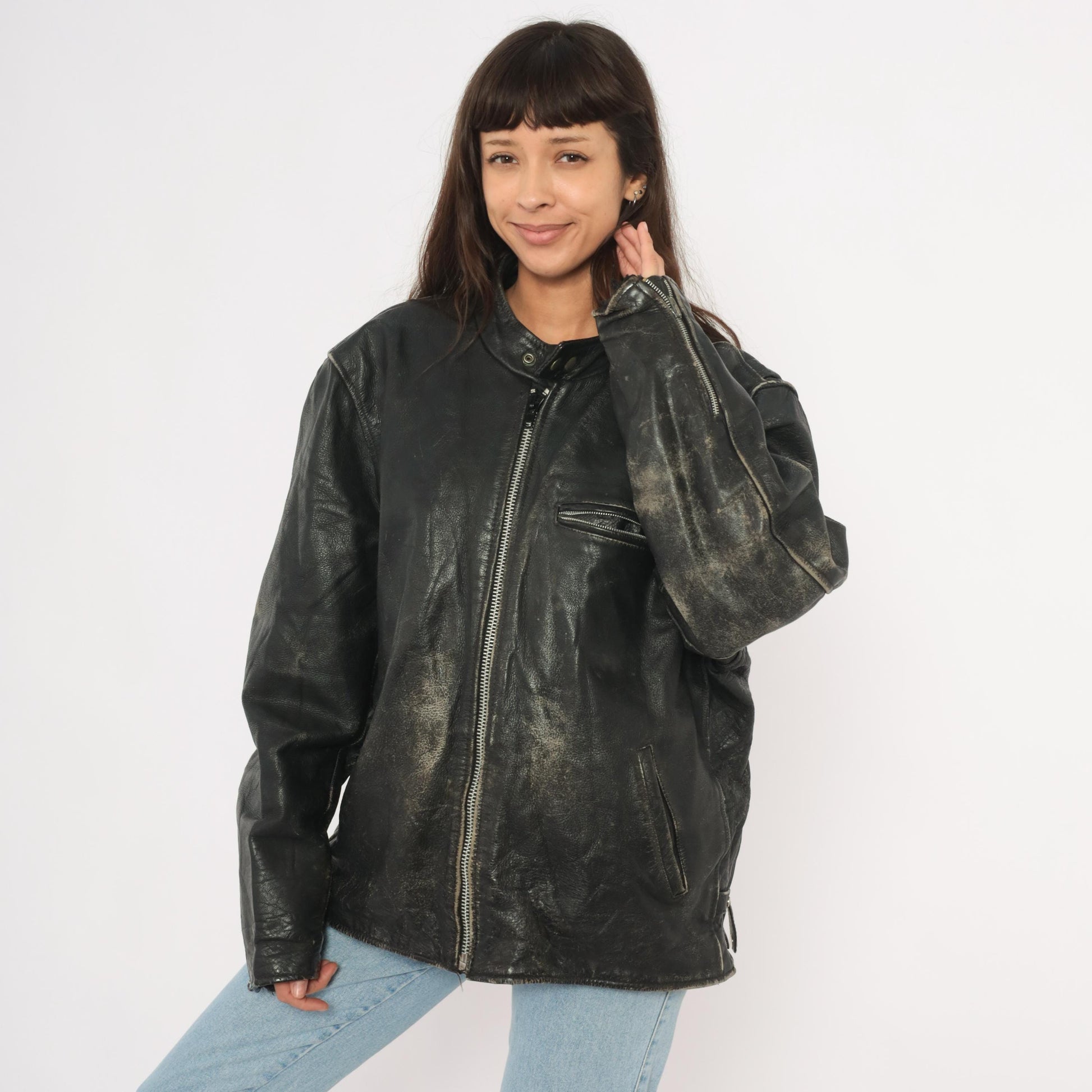 90s Unik Leather Cafe Racer Jacket Black Moto Coat Heavy Weight Extra Large