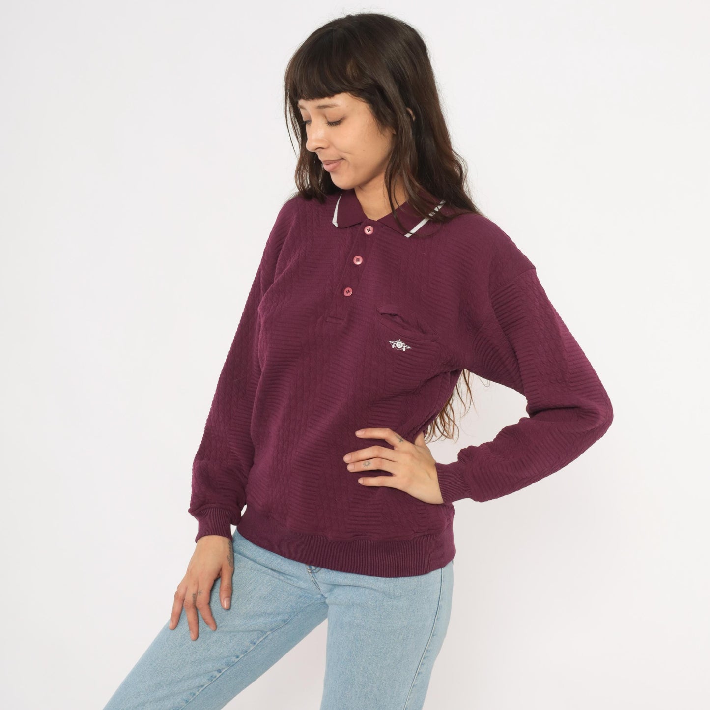 90s Green Line International Plum Polo Sweater Diamond Knit White Collar Medium M