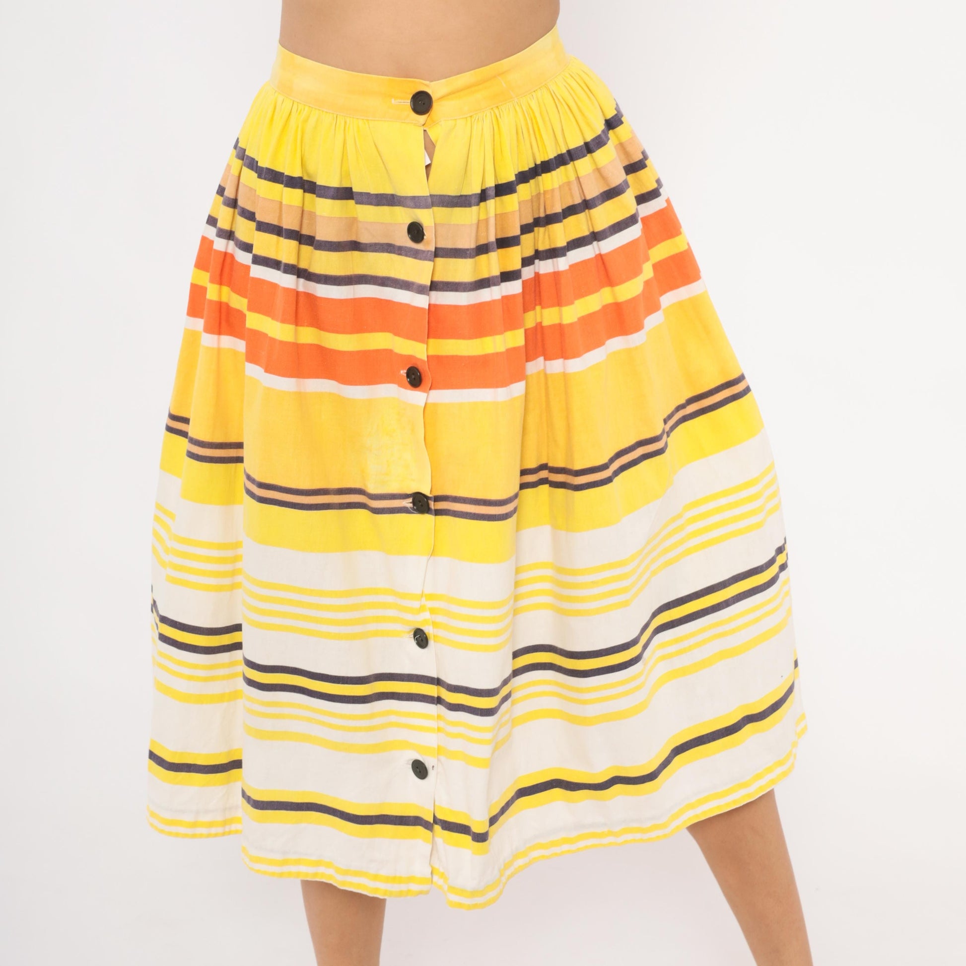 70s Striped Button Front Midi Skirt Yellow Orange Cotton Gathered Waist Small