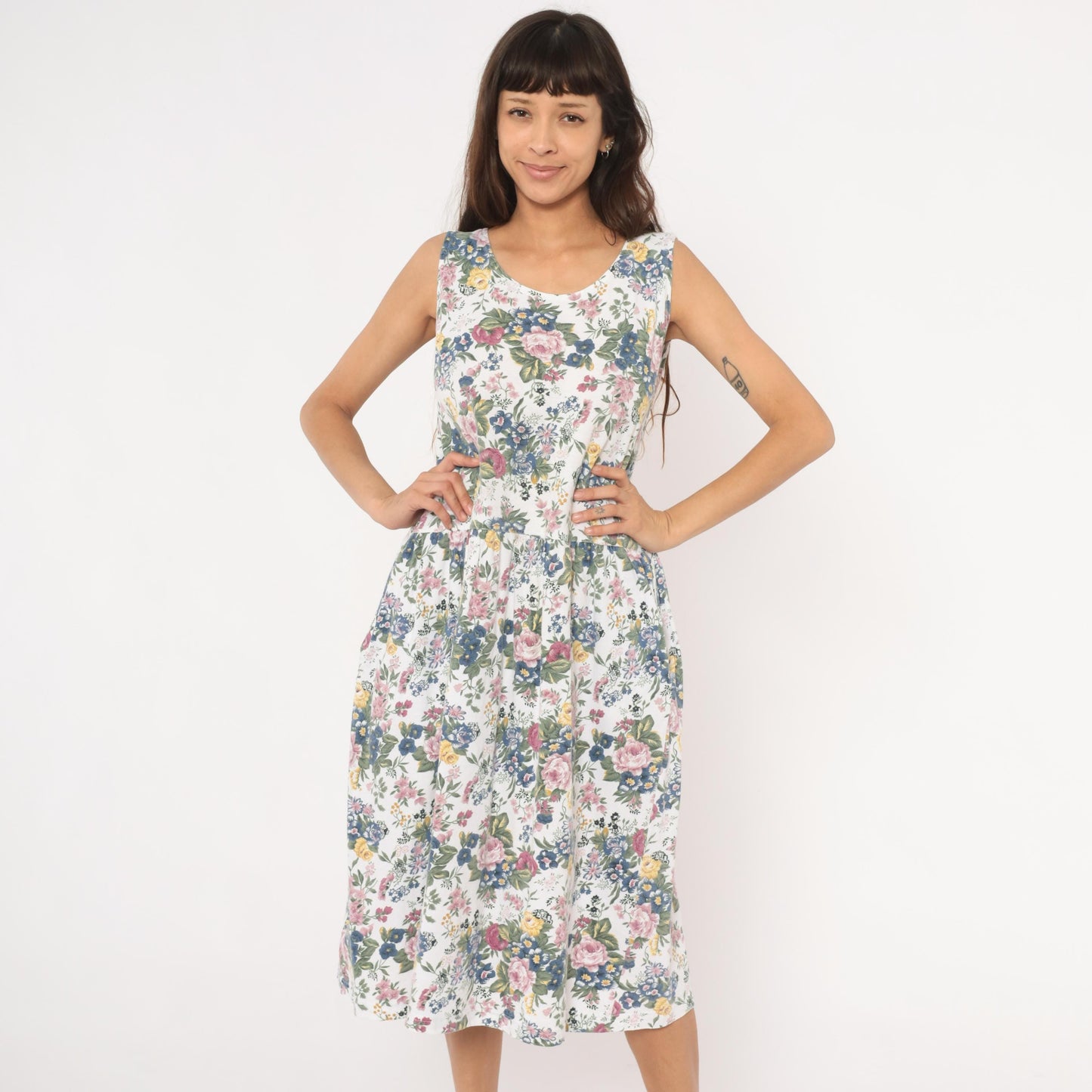 90s Erika Floral Sundress White Pink Blue Garden Print Cotton Small