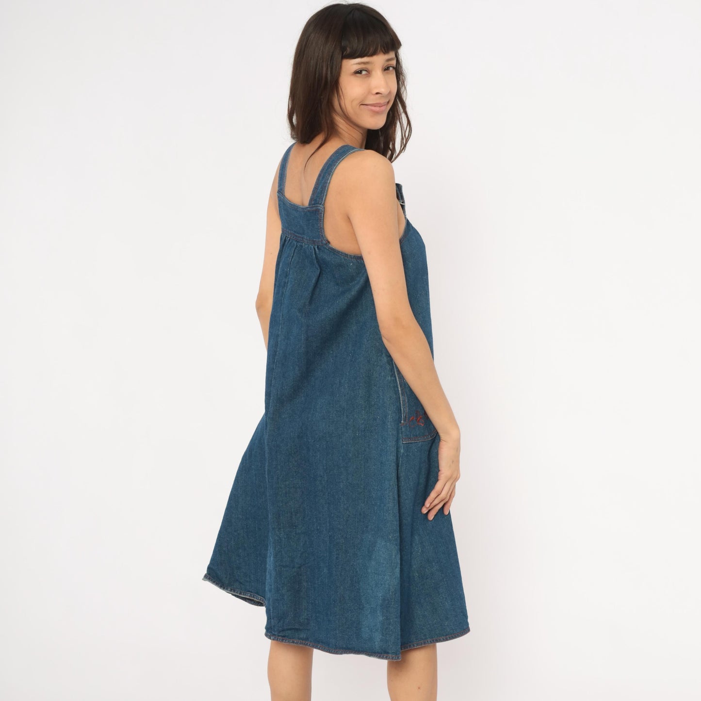 70s Joni Blair Denim Jumper Dress Blue Embroidered Pinafore XS