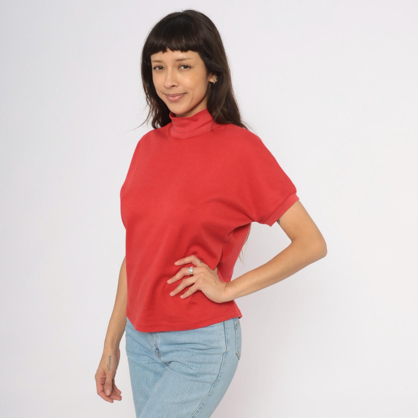 90s French Navy Red Mock Neck Cotton Tee Short Sleeve Medium M
