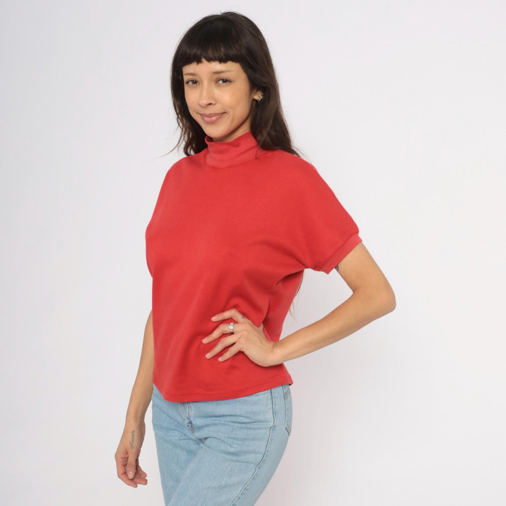 90s French Navy Red Mock Neck Cotton Tee Short Sleeve Medium M