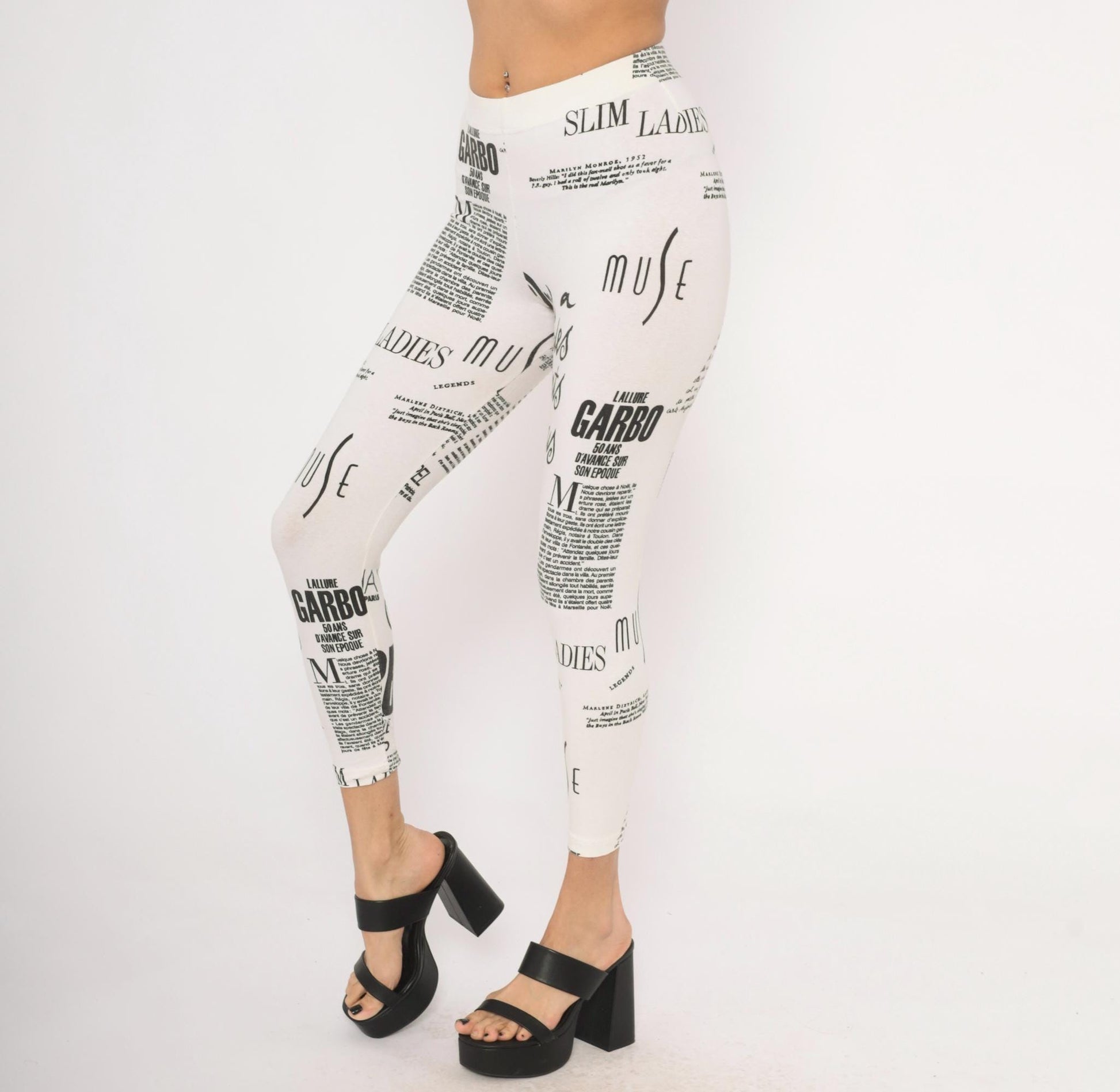 90s The Limited Newspaper Print Leggings Black White French Text XS