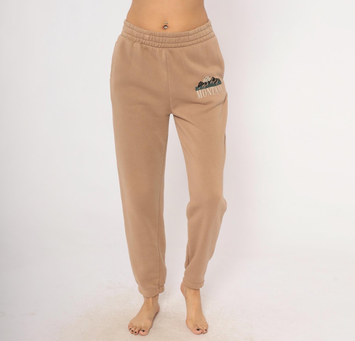 Y2K Montana Embroidered Joggers Tan Fleece Tapered Cuffed Small S
