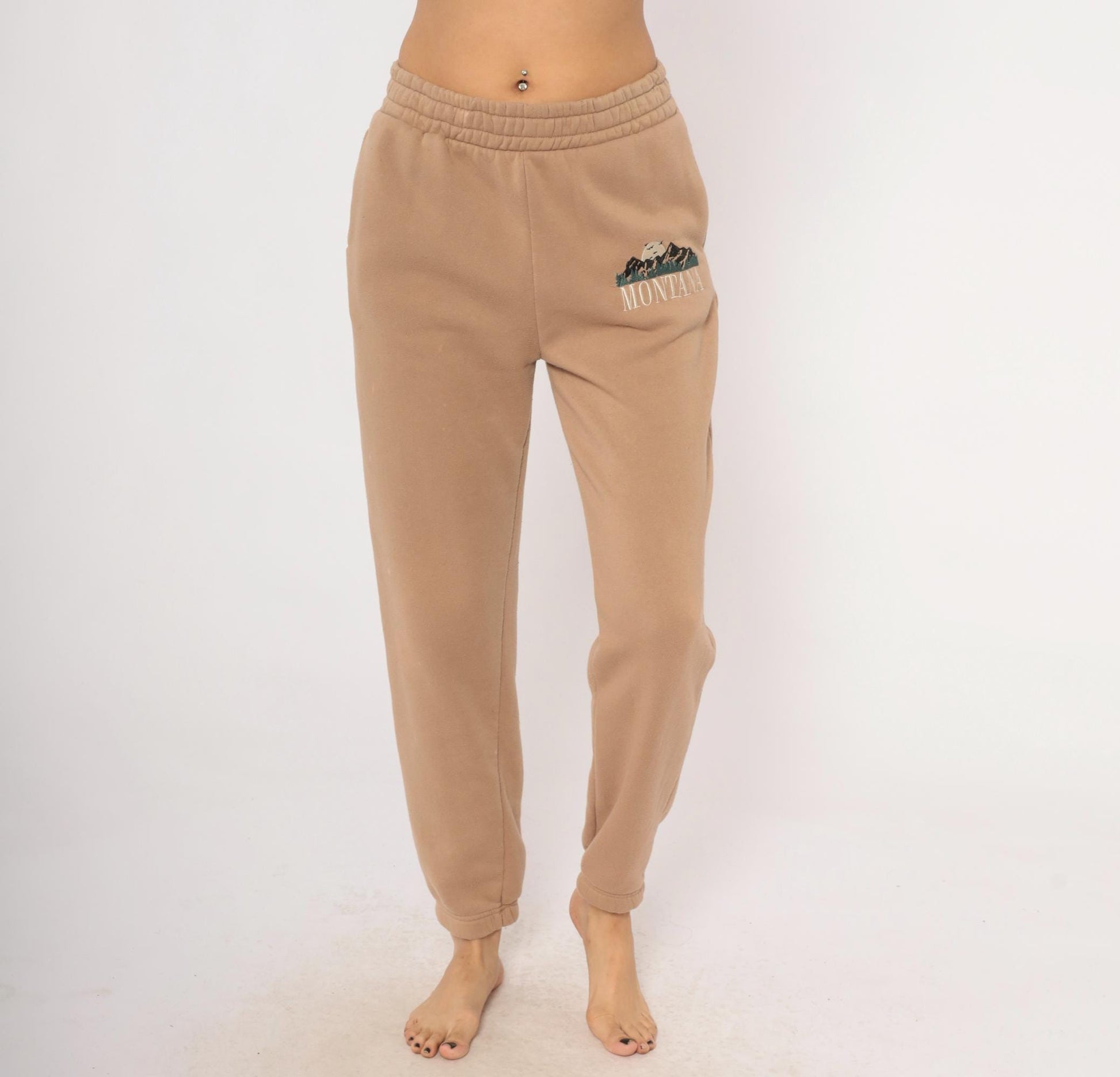 Y2K Montana Embroidered Joggers Tan Fleece Tapered Cuffed Small S