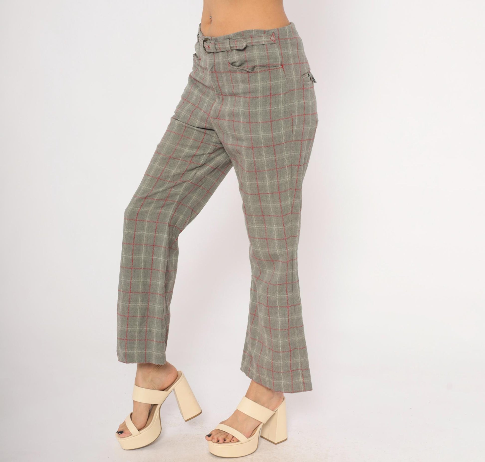 70s Grey Plaid Wool Blend Kick Flare Pants Red Windowpane Low Rise Medium M