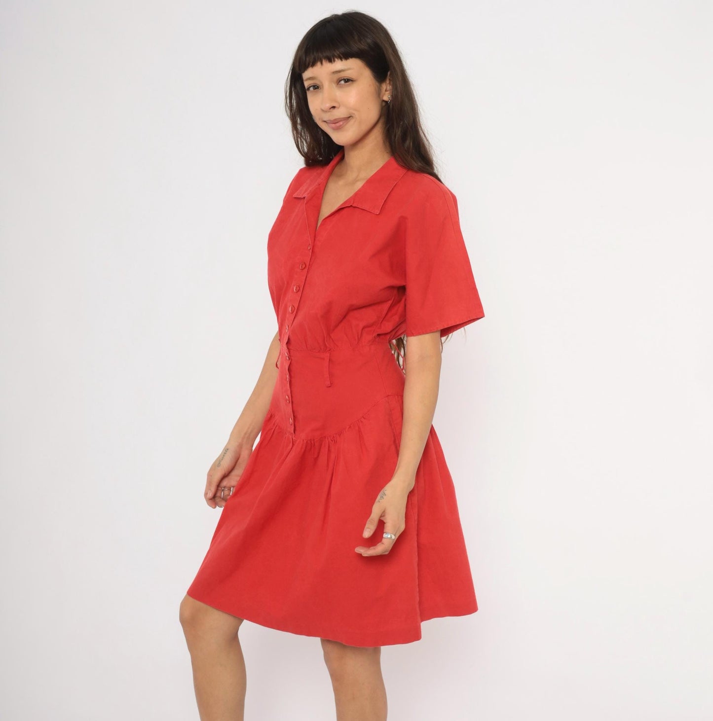 90s Wild Dress Red Cotton Shirtdress Drop Waist Gathered Skirt Medium M