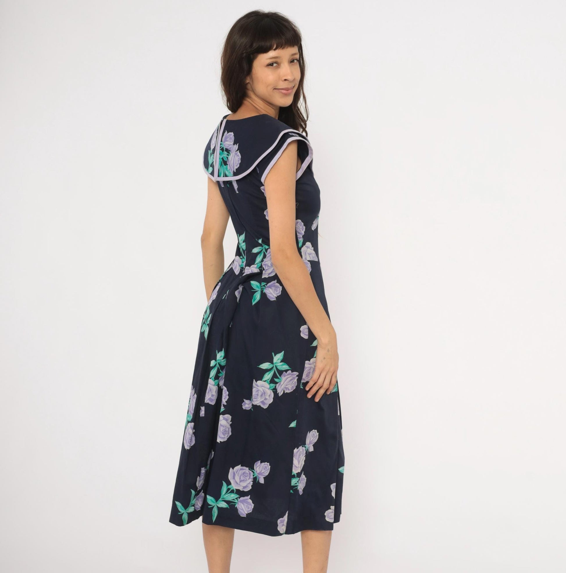 80s Kathryn Conover Floral Midi Dress Sailor Collar Cotton Purple Rose Extra Small XS