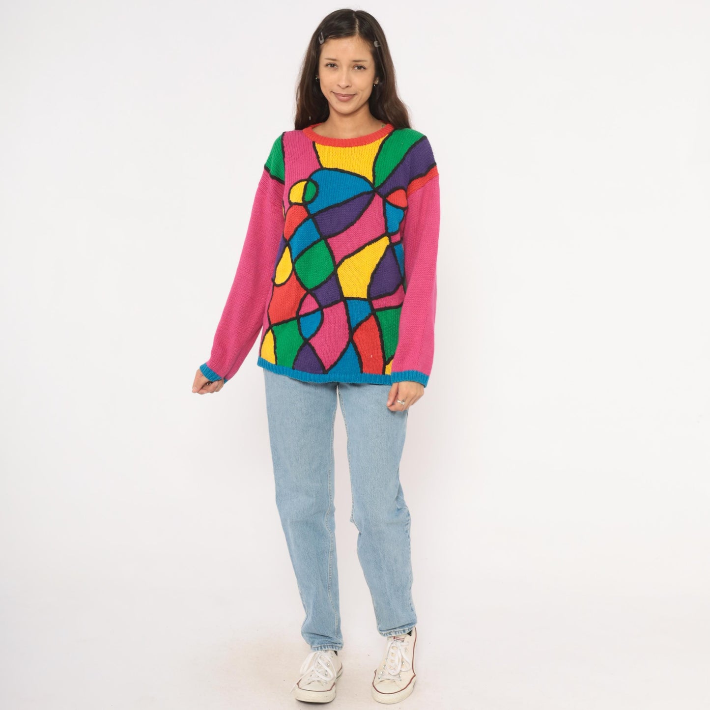 90s Reference Point Stained Glass Abstract Knit Pullover Multicolor Small