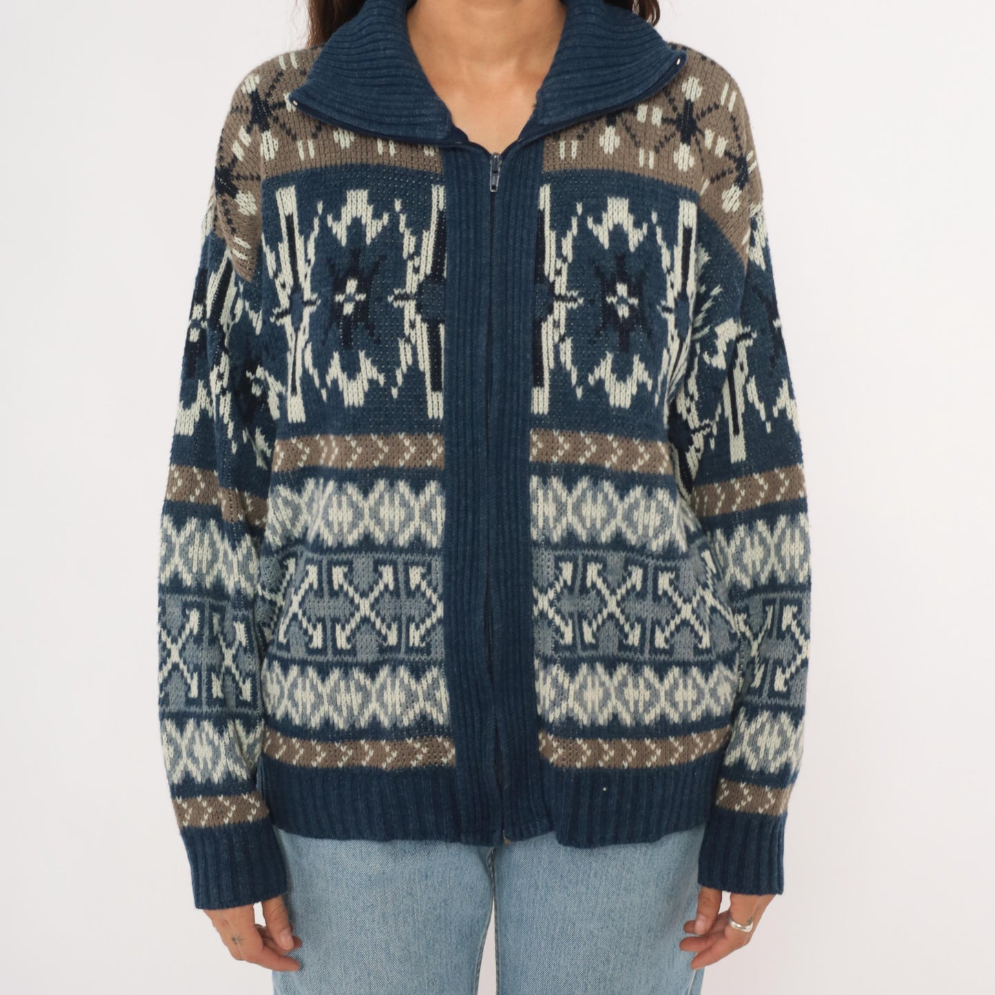 80s London Fog Fair Isle Zip Cardigan Navy Taupe Cream Snowflake Medium